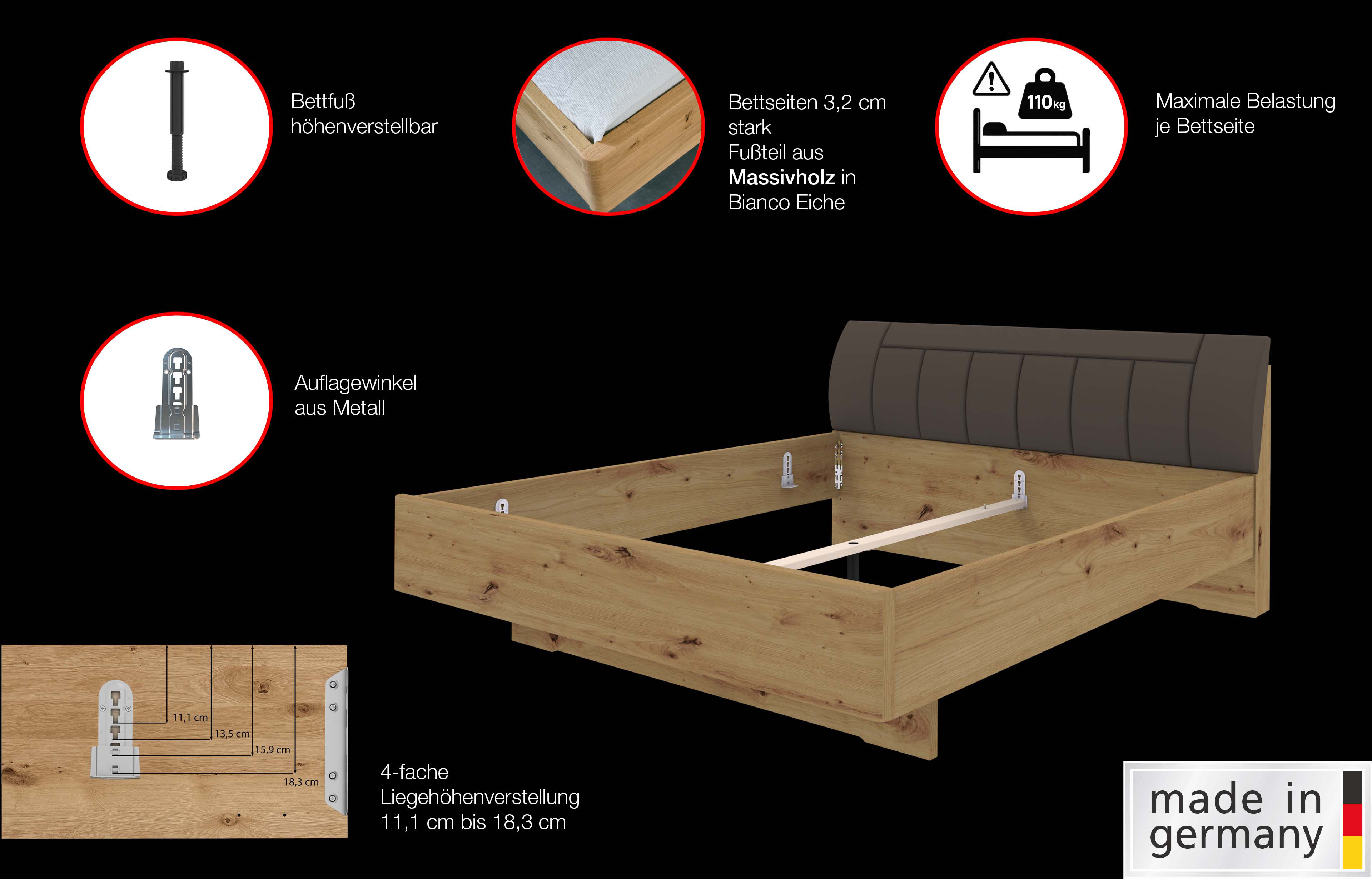 Thumbnail - WIEMANN Holzbett "Cardiff, Bettgestell, Bettrahmen, teilmassiv, mit Polsterkopfteil" Belastbarkeit 110/220 Kg, 4-fache h...