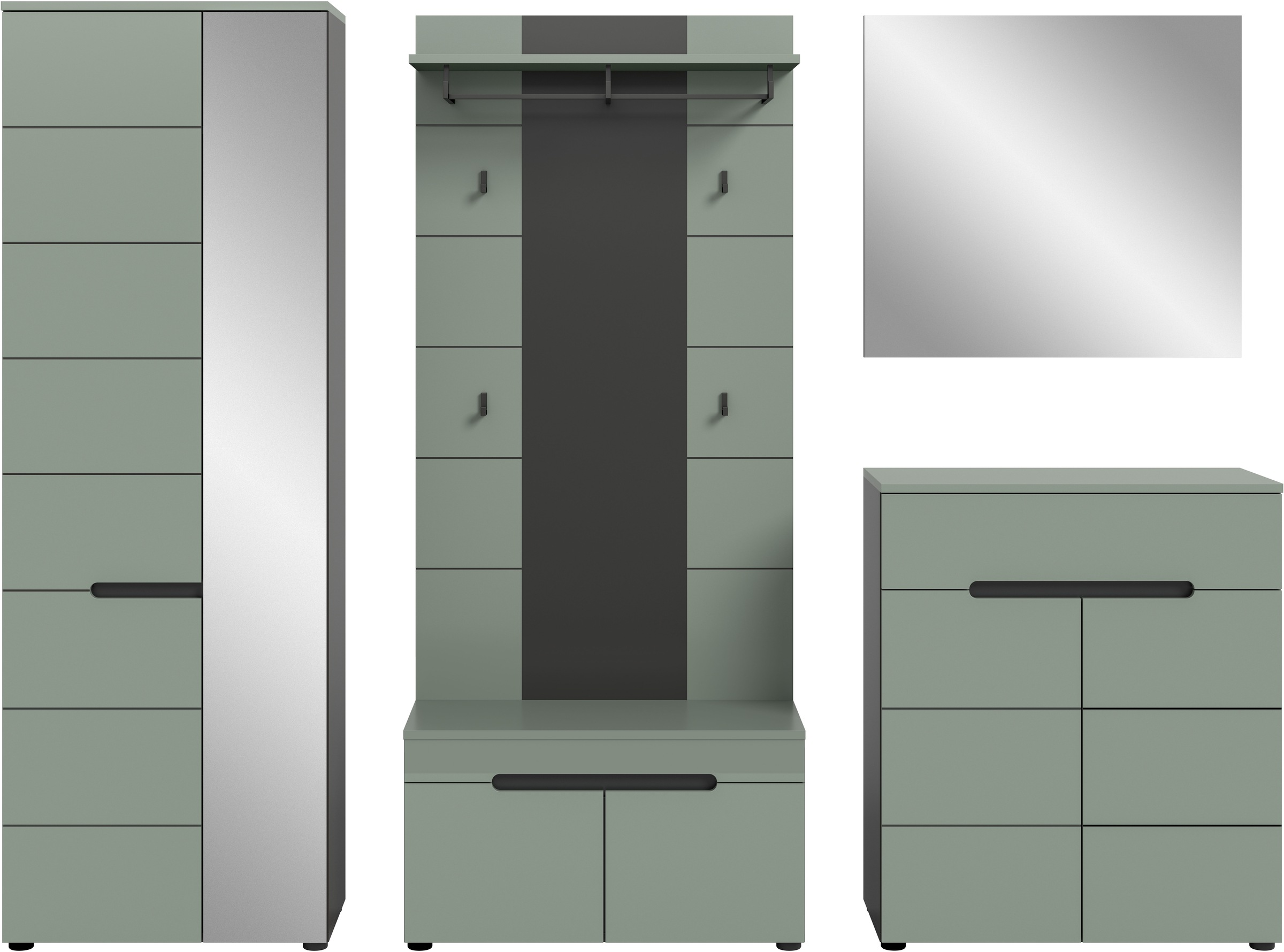 INOSIGN Garderoben-Set, (Set, 5 St., bestehend aus: Garderobenschrank, Sitzbank, Paneel, Spiegel, Kommode), Garderobenkombination, Kombination, Set, Flurgarderobe, Diele