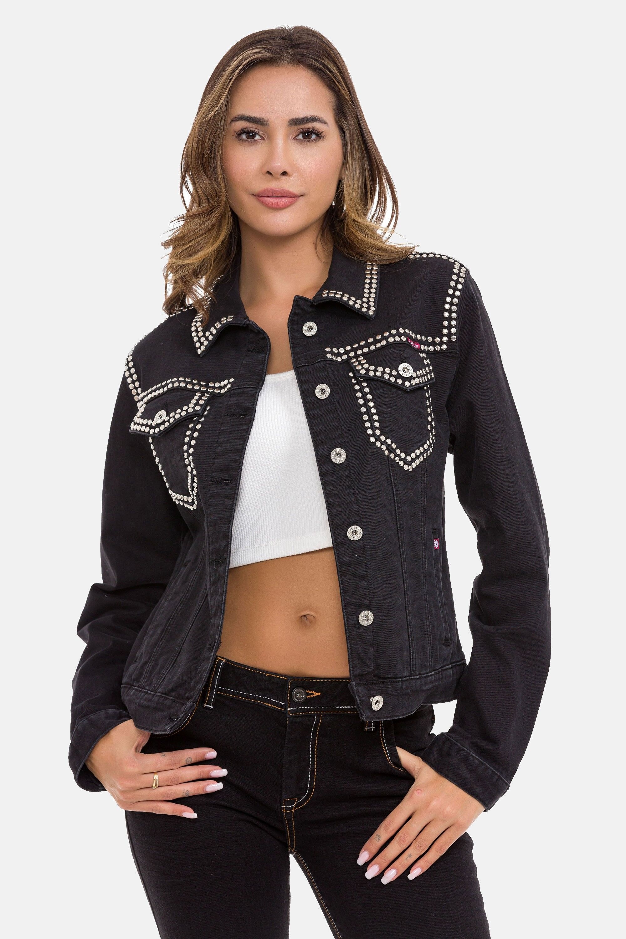 Cipo & Baxx Jeansjacke "WJ213" ohne Kapuze auffällige Nieten-Details