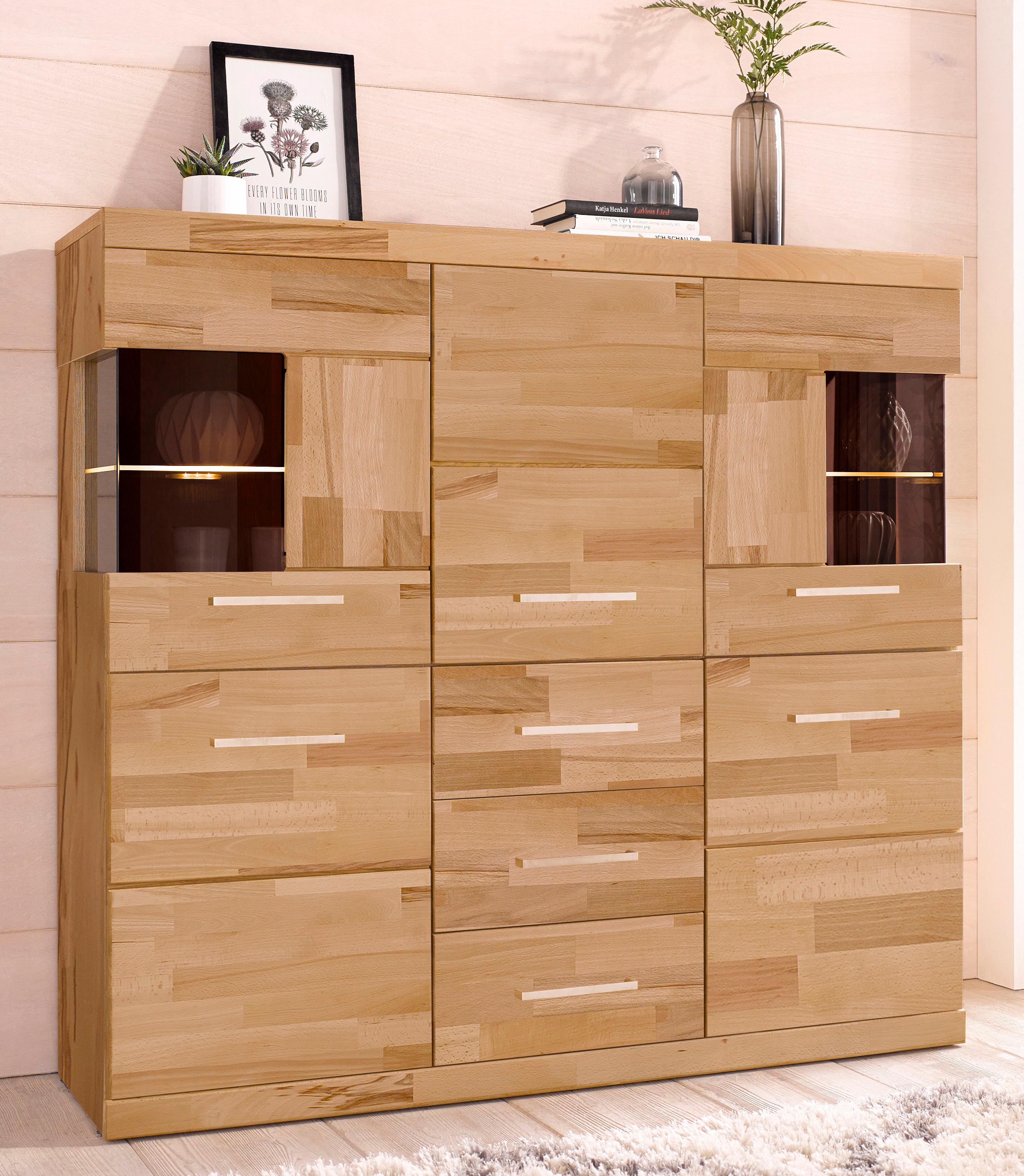 OTTO home Highboard "Ribe,125cm breit,115cm hoch, Fronten Massivholz,5Türen,3 Schubladen" Holz massiv, Holzwerkstoff, Metall Griffe,10Fächer, Böden versetzbar