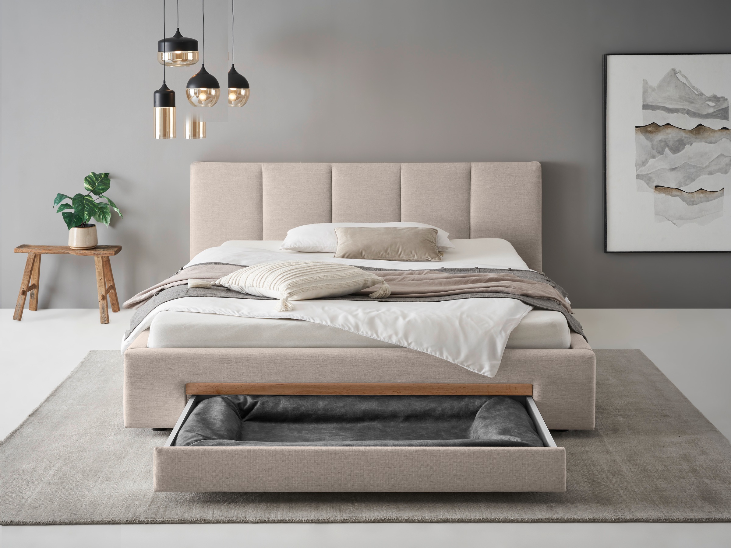 INOSIGN Polsterbett »CiTY/GiRON, Bettgestell mit Bettkasten, gepolstertes Stauraumbett«, mit Hundebett oder Stauraumschublade, Bezug Cord-oder Leinenoptik