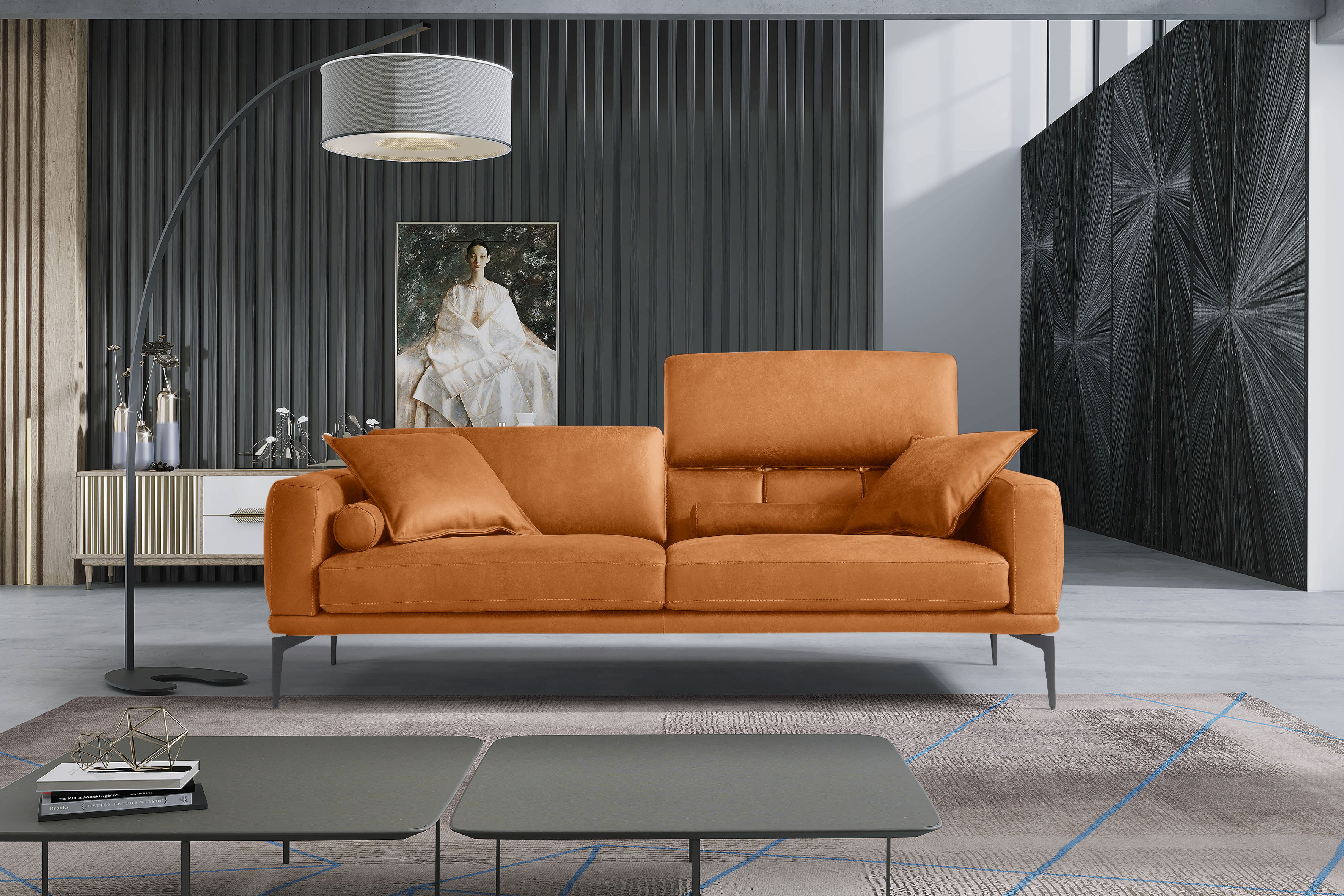 Egoitaliano 2,5-Sitzer "Masu, Designsofa mit erstklassigem Sitzkomfort, Breite 218cm" inkl. 2 Kissenrollen, Rückenelemente manuell verstellbar, Metallfüße