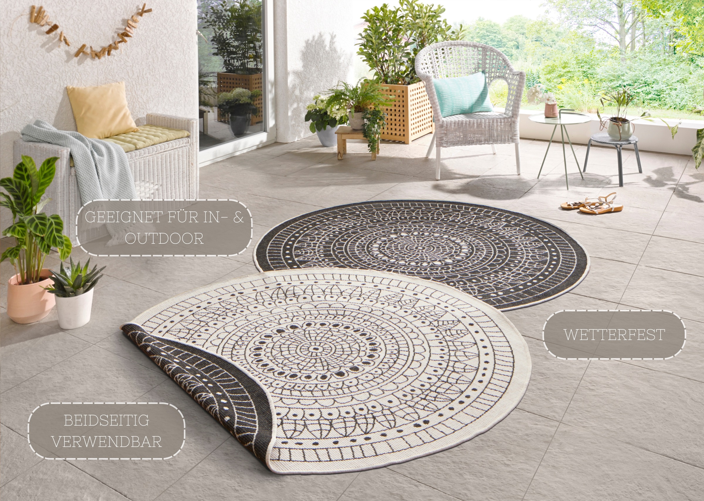 Thumbnail - HANSE Home Teppich "Porto Wendeteppich", rund, 5 mm Höhe, In-& Outdoor, Wetterfest, Balkon, Garten, Wohnzimmer, Wasserfe...