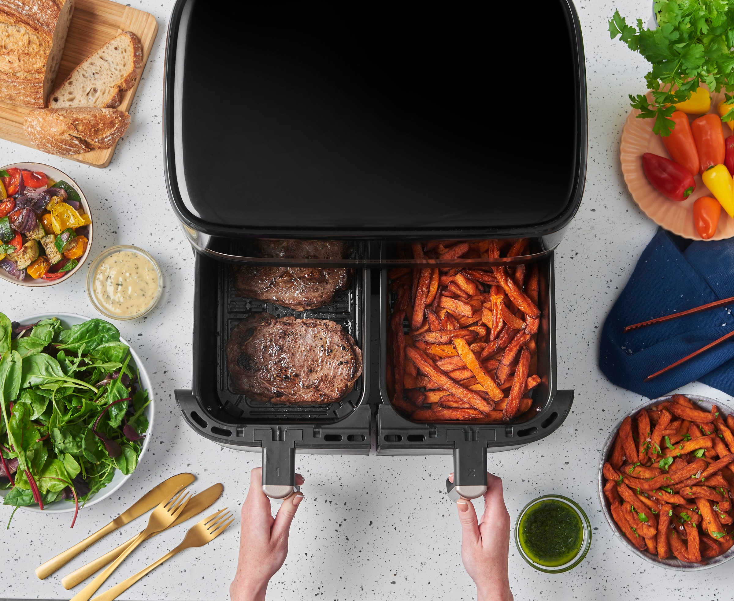 RUSSELL HOBBS Heißluftfritteuse »27680-56 s SatisFryTM Dual basket, 4,5L«, 2800 W, Fassungsvermögen 9 l, Airfryer–wenig oder kein Öl erforderlich, 9 Programme, 4,5 L