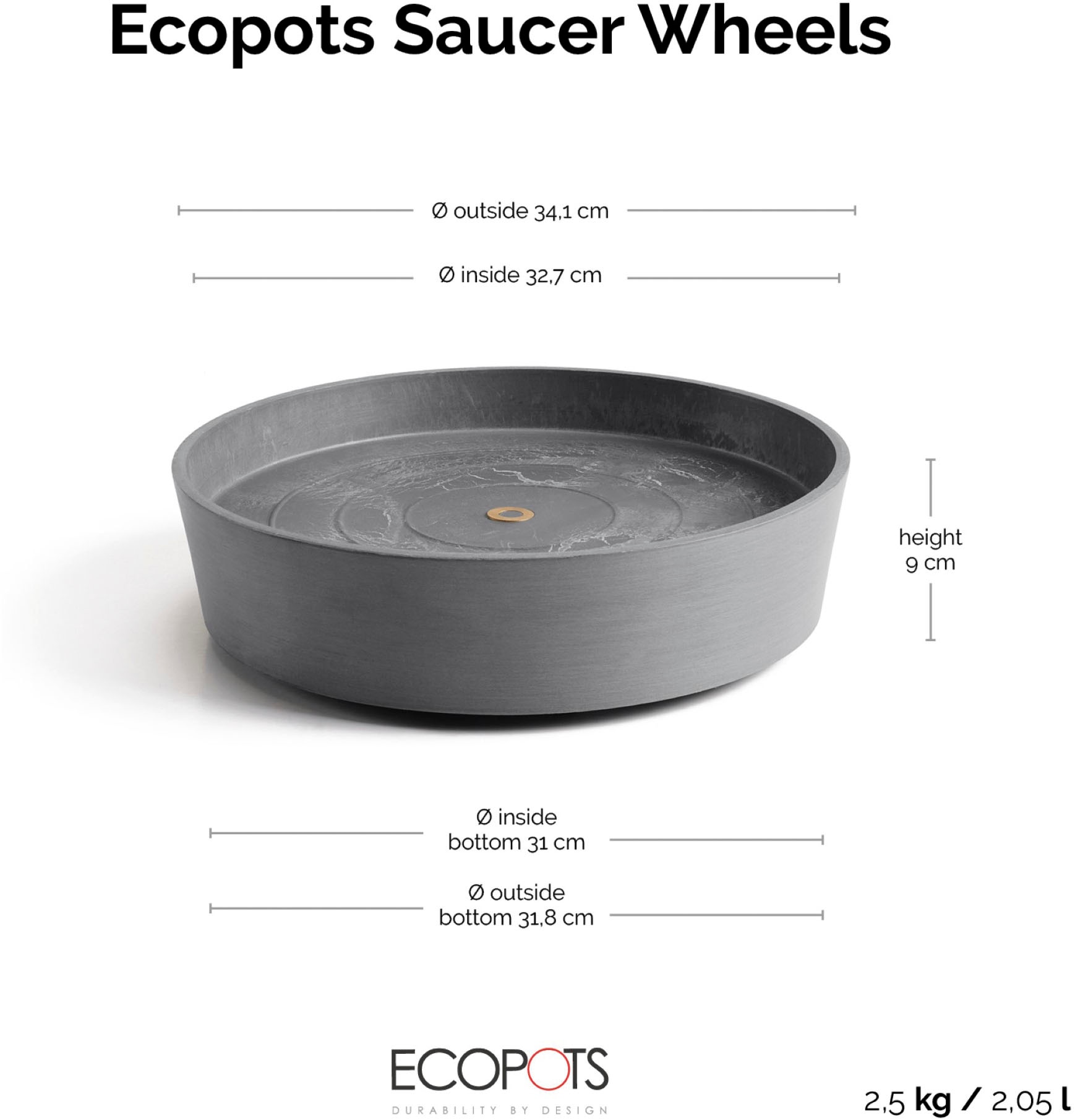ECOPOTS Blumentopfuntersetzer »SAUCER WHEELS Grey« BxTxH: 34,1x34,1x9 cm