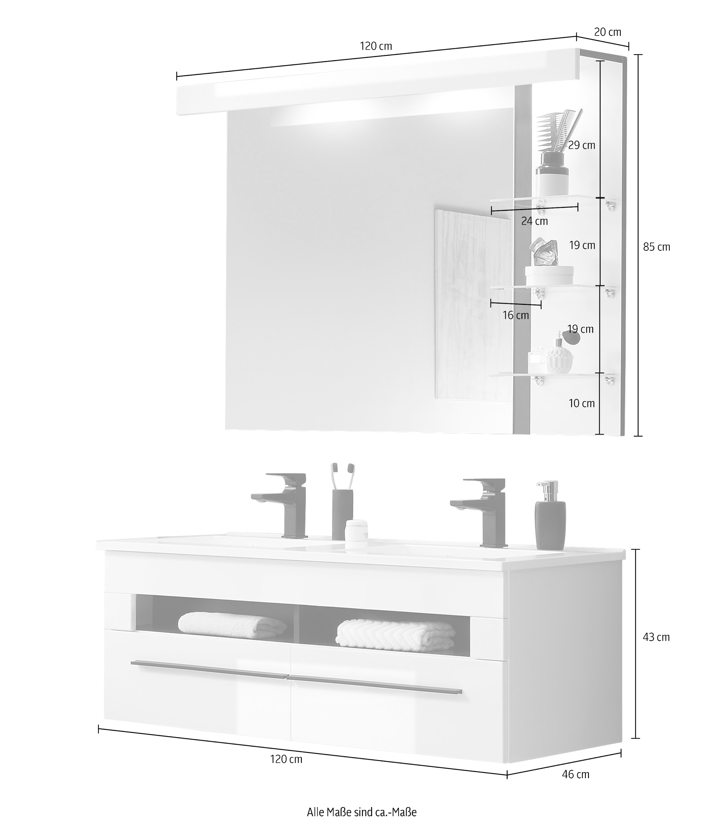INOSIGN Badmöbel-Set »Cantara, Bad im modernen Design, 2-teiliges Badezimmer«, (Set, 2 St.), Waschtisch und Spiegel, in Weiß Hochglanz, viel Stauraum