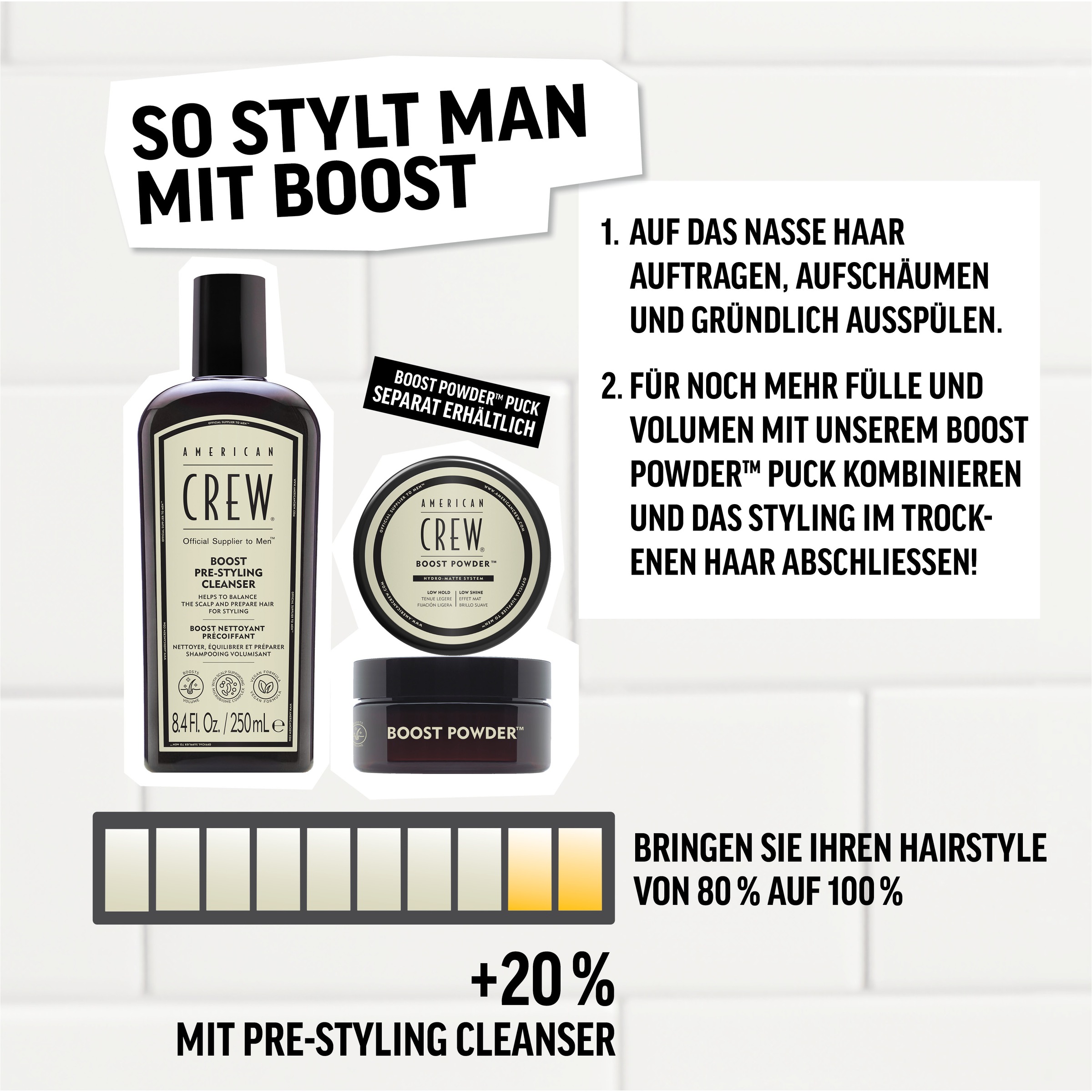 American Crew Haarshampoo »Boost Pre-Styling Cleanser Shampoo 250ml«, (1 tlg.), Vegan, ohne Silikone & Sulfate.
