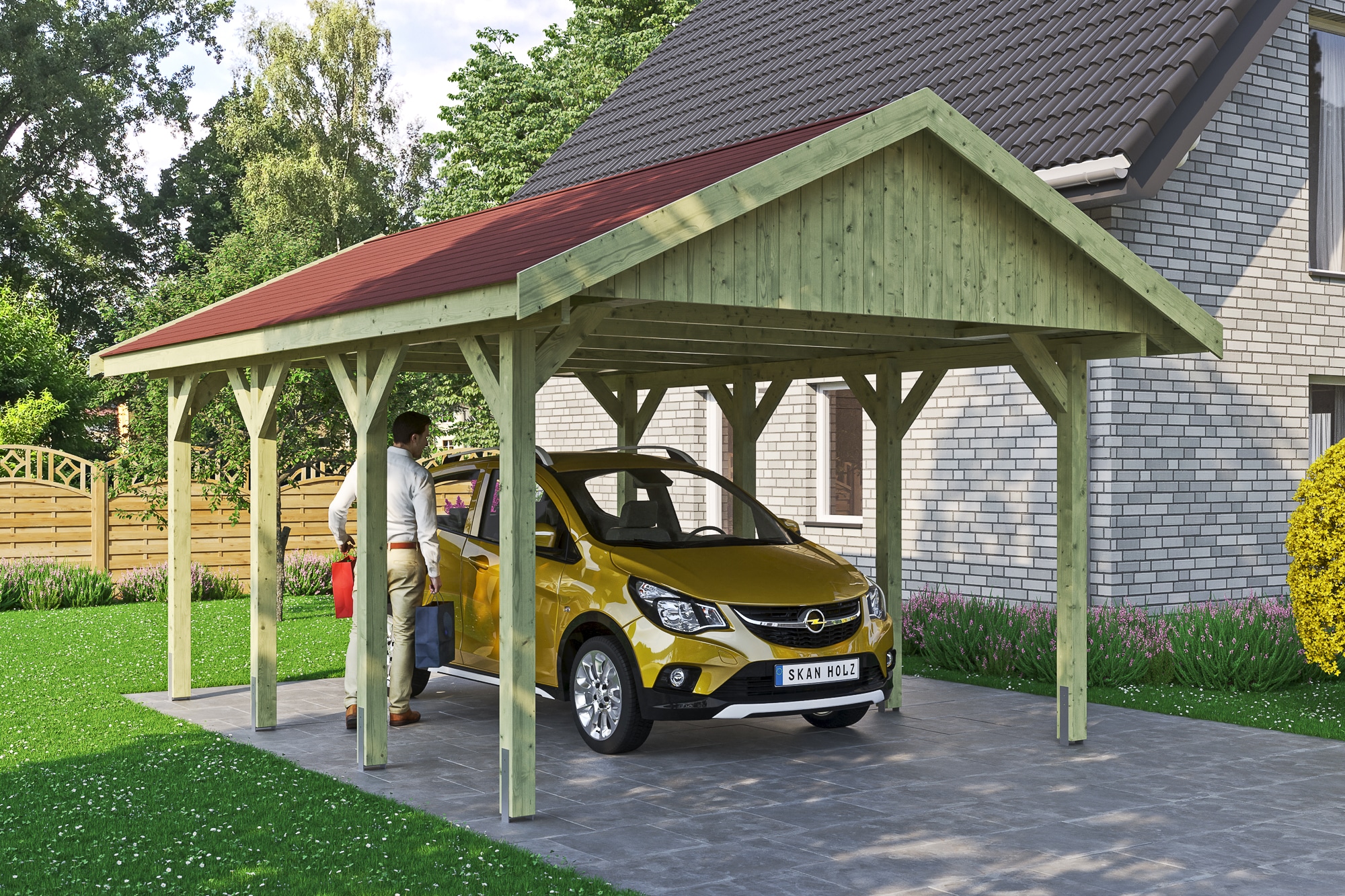 Skanholz Einzelcarport »Wallgau«, Nadelholz, 340 cm, Grün, mit roten Dachschindeln
