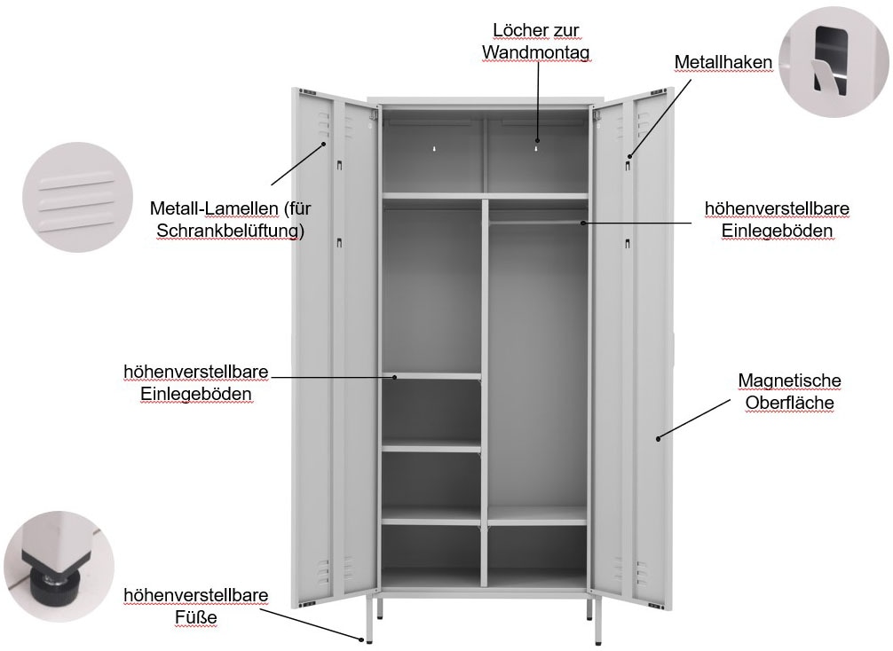 INOSIGN Drehtürenschrank »Kleiderschrank Schrank Metallschrank Mehrzweckschrank Siena Spind«, (in 4 Farben aus Metall), in der Höhe verstellbar, abschließbar