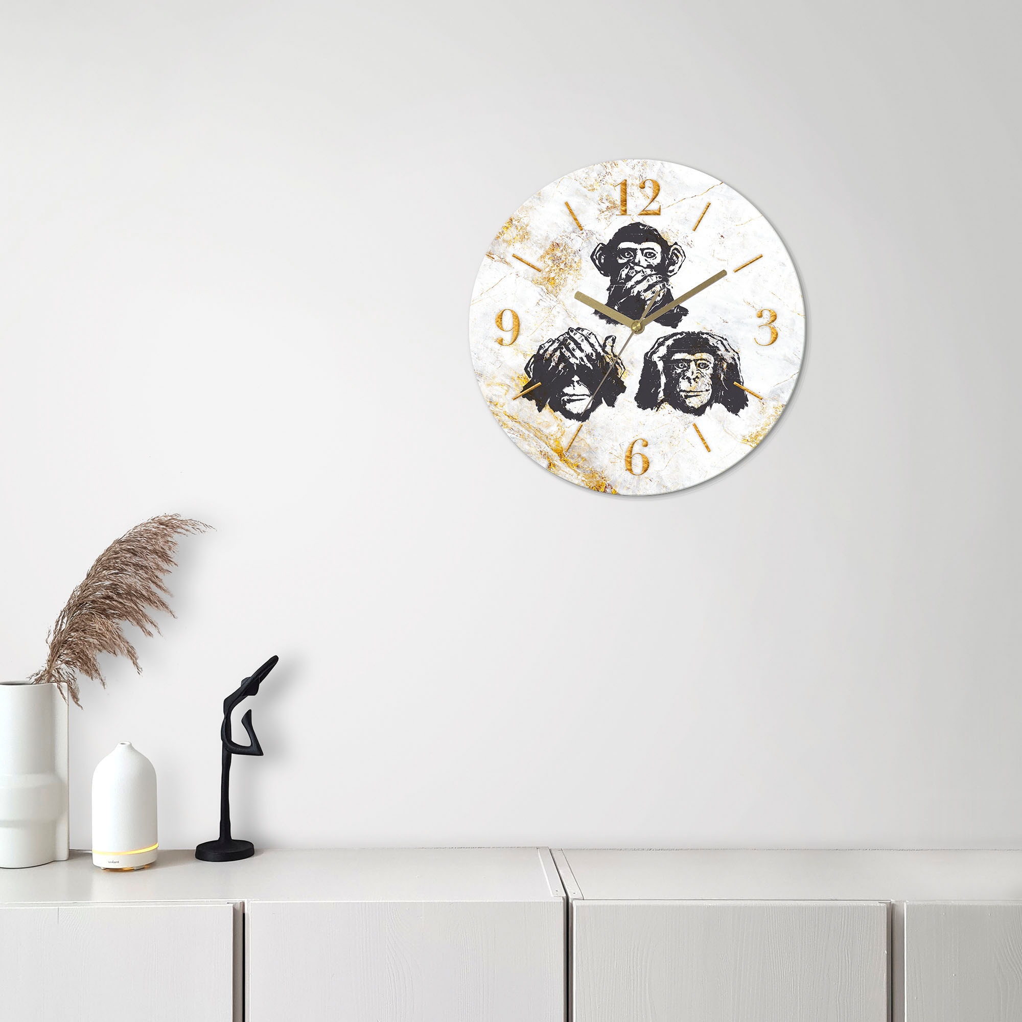 OTTO home Wanduhr "Affen - Glas Ø 30cm" wahlweise mit Quarz- oder Funkuhrwerk, lautlos ohne Tickgeräusche
