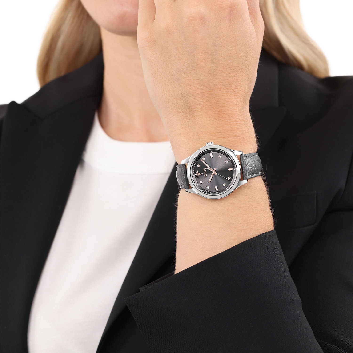 JOOP! Quarzuhr, Armbanduhr, Damenuhr, Lederarmband, analog, Kristallsteine
