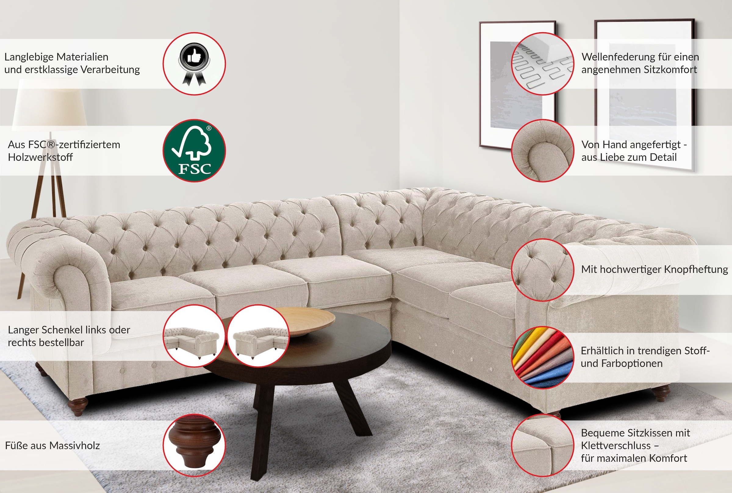 Home affaire Chesterfield-Sofa »Chesterfield Ecksofa, auch in Leder L-Form«, hochwertige Knopfheftung, langer Schenkel links oder rechts wählbar