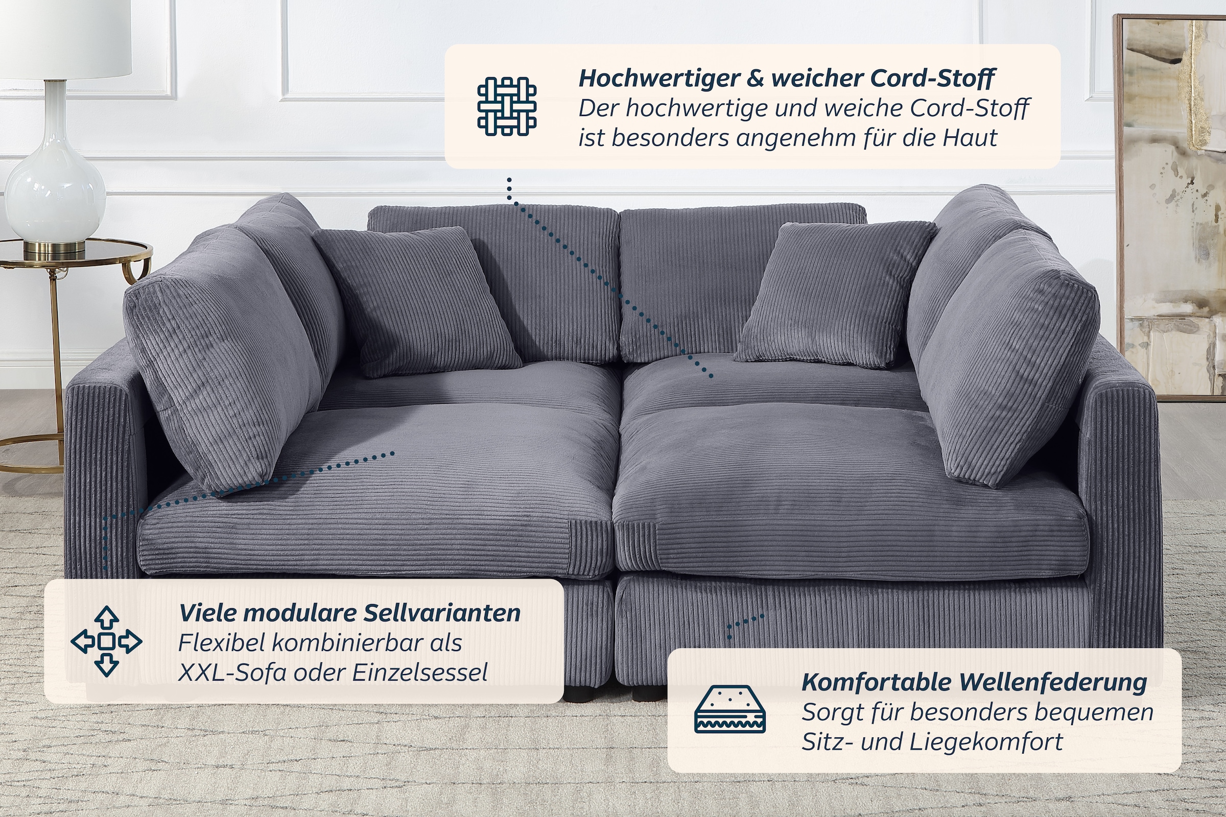 OTTO home 4-Sitzer »Berny, individuell stellbar, modular-Sofa« inklusive 2 großen & 2 kleinen Zierkissen im flauschigen Cord