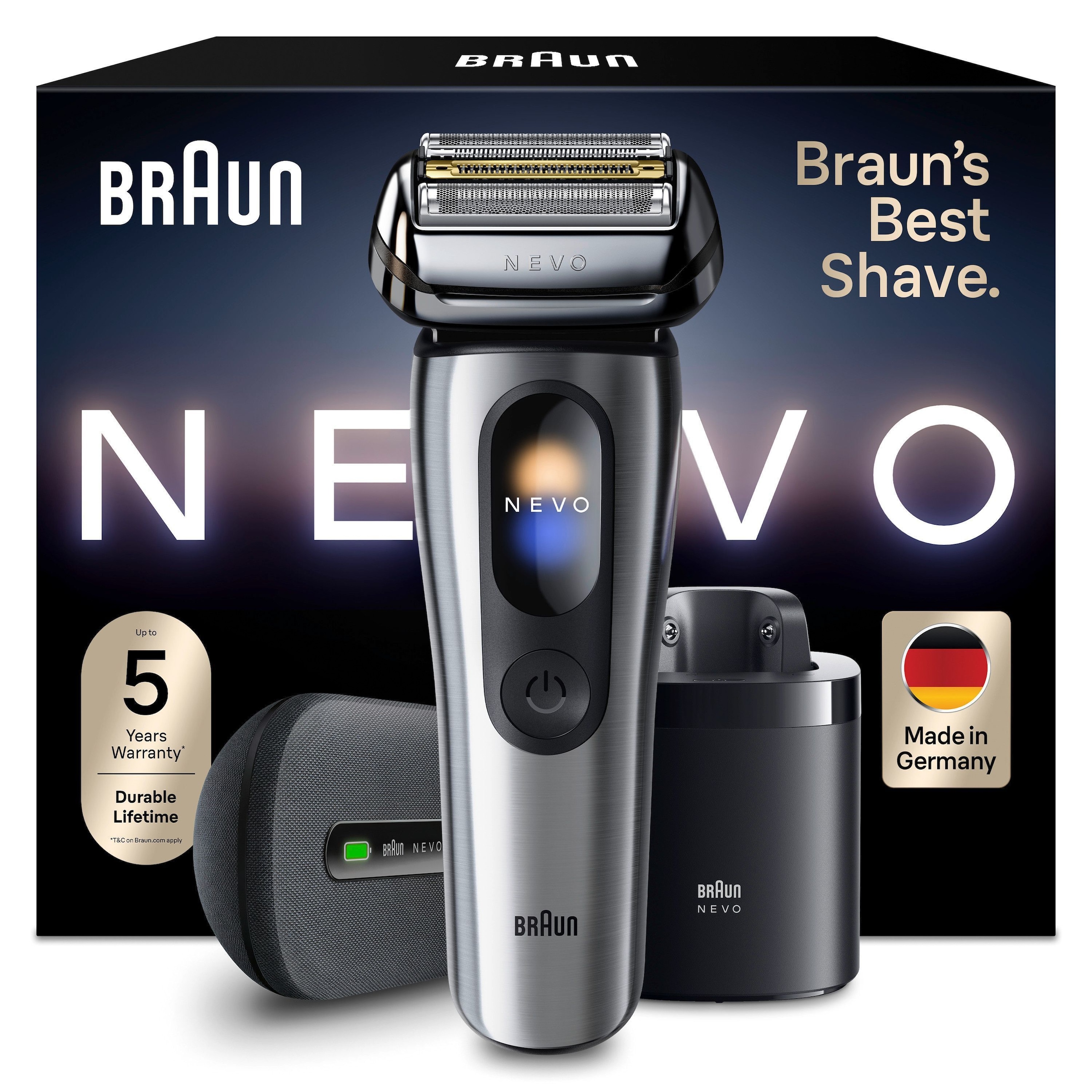 Braun Elektrorasierer "NEVO 17000cc" SmartClean-Plus-Reinigungsstation integrierter Präzisionstrimmer AeroTouch, Smart Display, 7-in-1 Care System, Lade-Reiseetui, Silber
