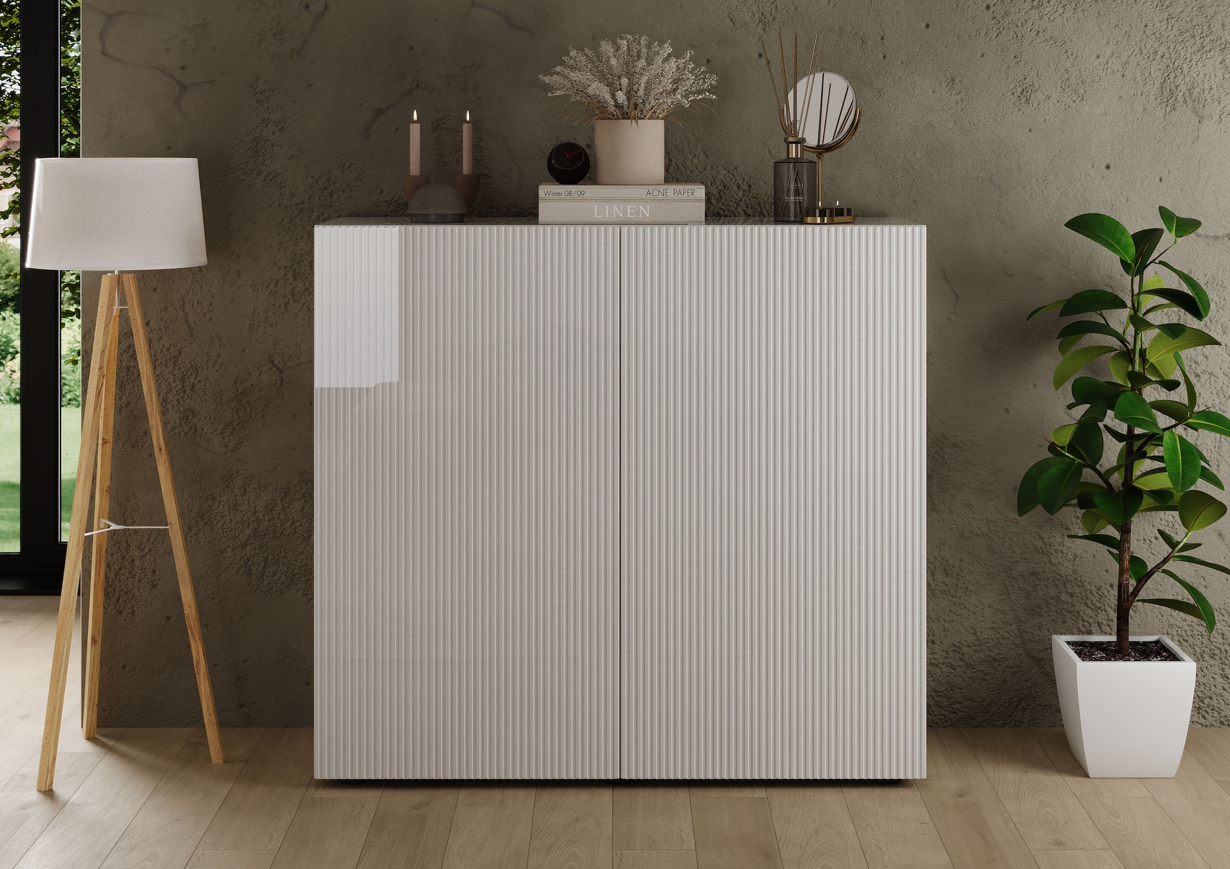 INOSIGN Highboard »Rio Höhe 111 cm u. Breite 120 cm, Kommode mit 2 Türen,«, geriffelte Front, modern u. elegant, viel Stauraum