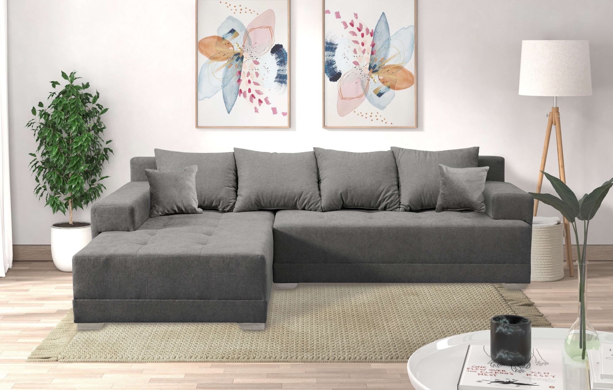 INOSIGN Ecksofa »Riverton, mit Bettfunktion (125/215 cm) und Bettkasten, Struktur«, inkl. loser Zier- und Ruckenkissen, Recamiere beidseitig montierbar