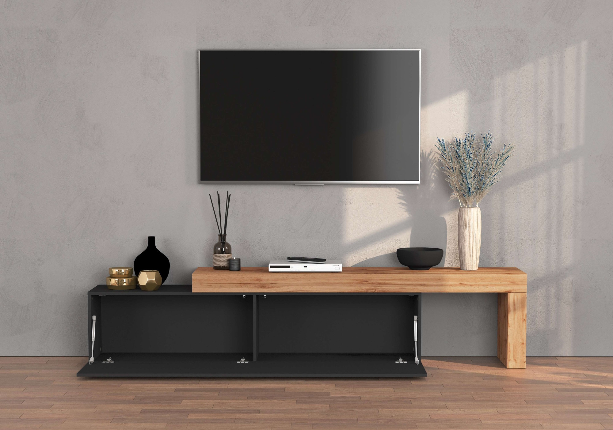 INOSIGN TV-Board »Chronos TV-Board, Lowboard«, (1 St., Breite verstellbar von 190 bis 350 cm), Breite 270 cm TV-Board,Lowboard,1 Klappe und ein L-Förmiger Aufsatz