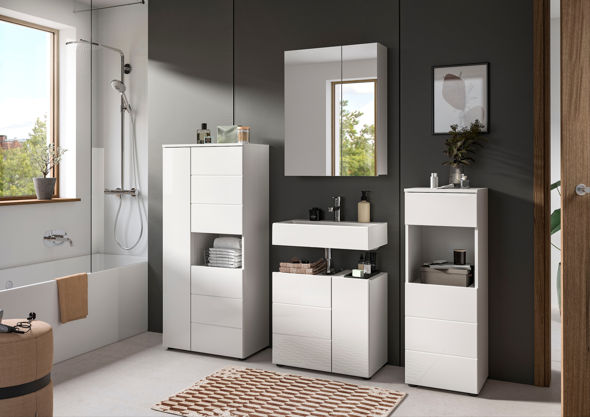 welltime Midischrank »Biel, Höhe 133 cm, 3 Türen, 1 offenes Fach«, (1 St.), Türanschlag wechselbar, modernes Design, Badschrank, Unterschrank, Bad