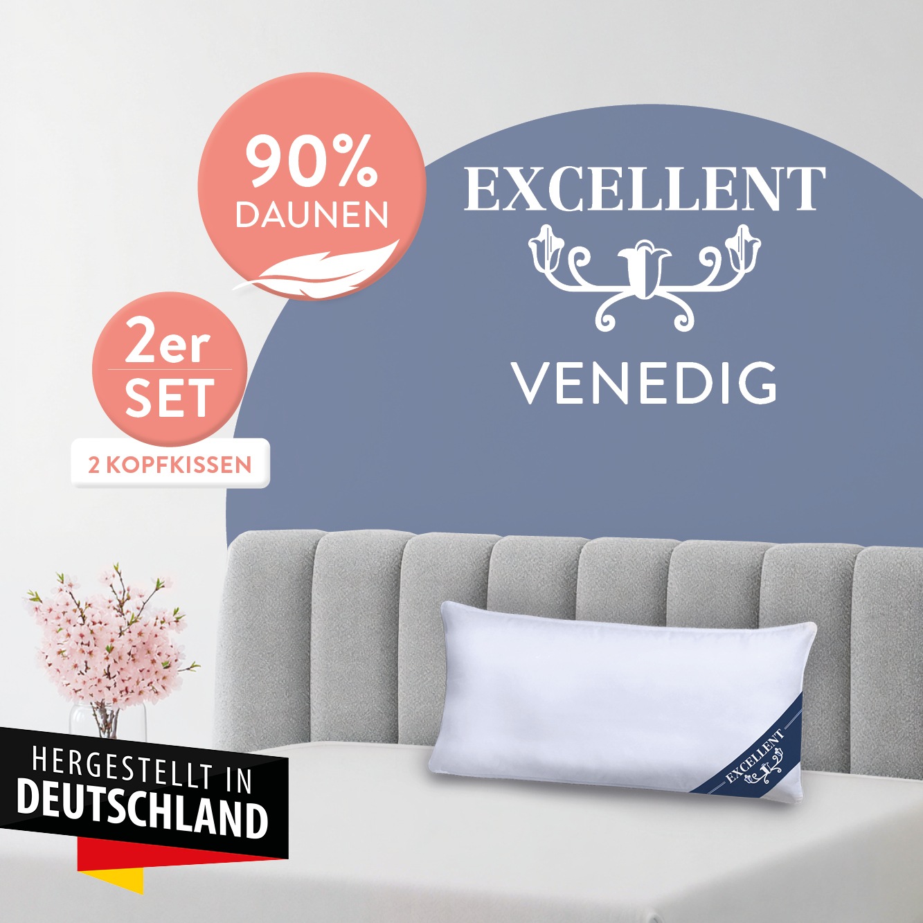 Excellent "Venedig, Kissen 1-tlg. oder 2-tlg. hergestellt in Deutschland" Füllung: 90% Daunen (Außenkammer) 2 Stk. tlg. Kopfkissen in 40x80 und 80x80, Hohenstein Institute ausgezeichnet