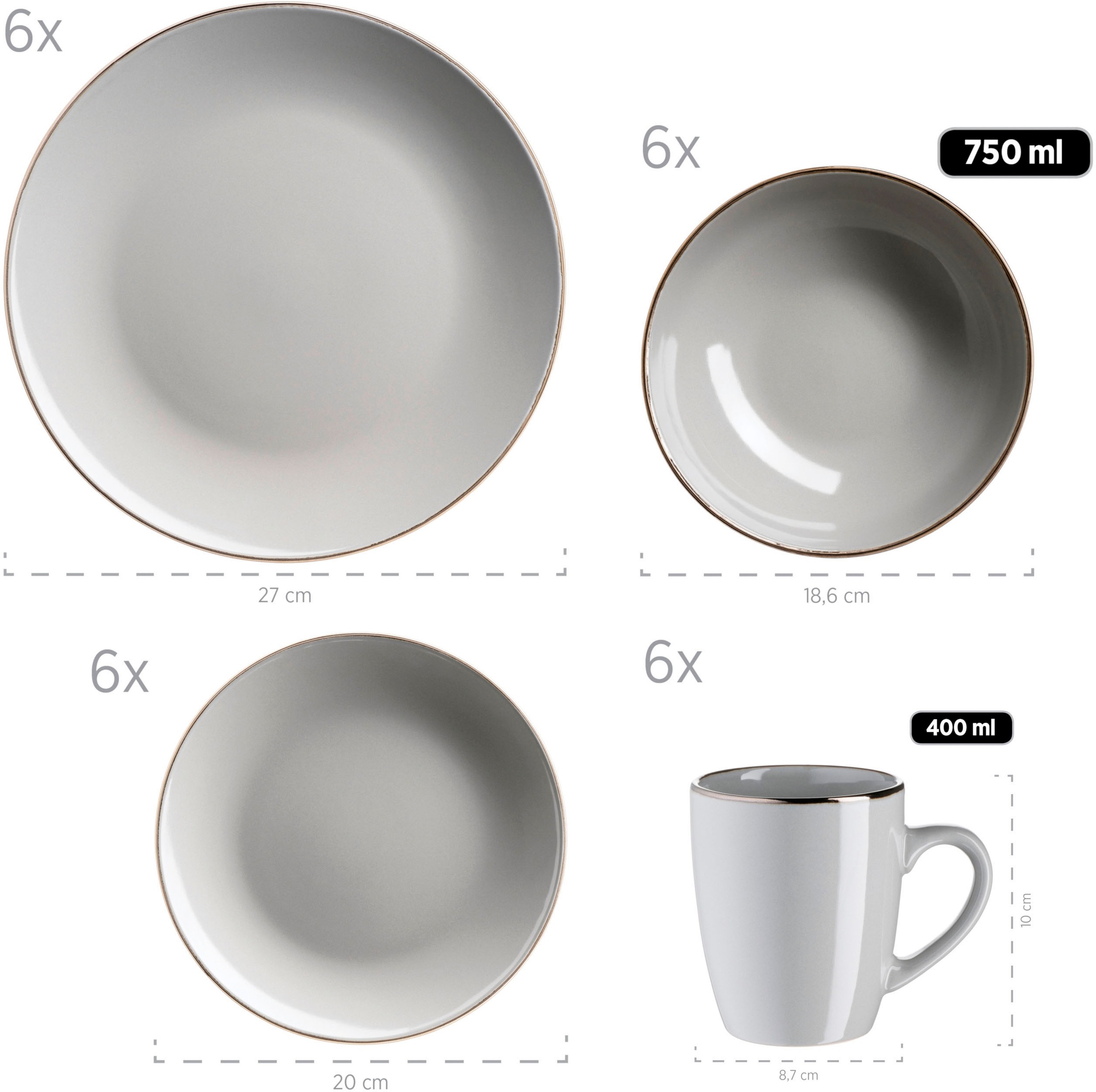 MÄSER Kombiservice »Geschirr-Set, Service Metallic Rim«, (Set, 24 tlg.), messingfarben schimernden Umrandung, 24 Teile, für 6 Personen