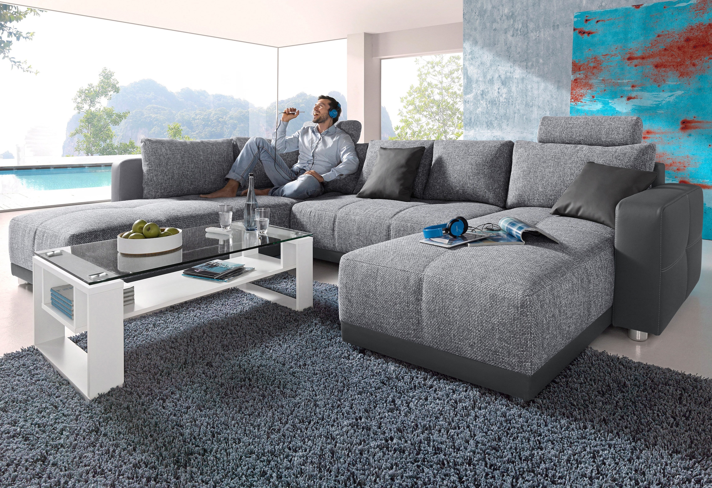 Jockenhöfer Gruppe Wohnlandschaft "Orlando U-Form, B: 337 cm, Liegefl. 135x305 cm" mit Schlaffunktion, Bettkasten, 2 Kopfstützen & 2 Zierkissen,Federkern
