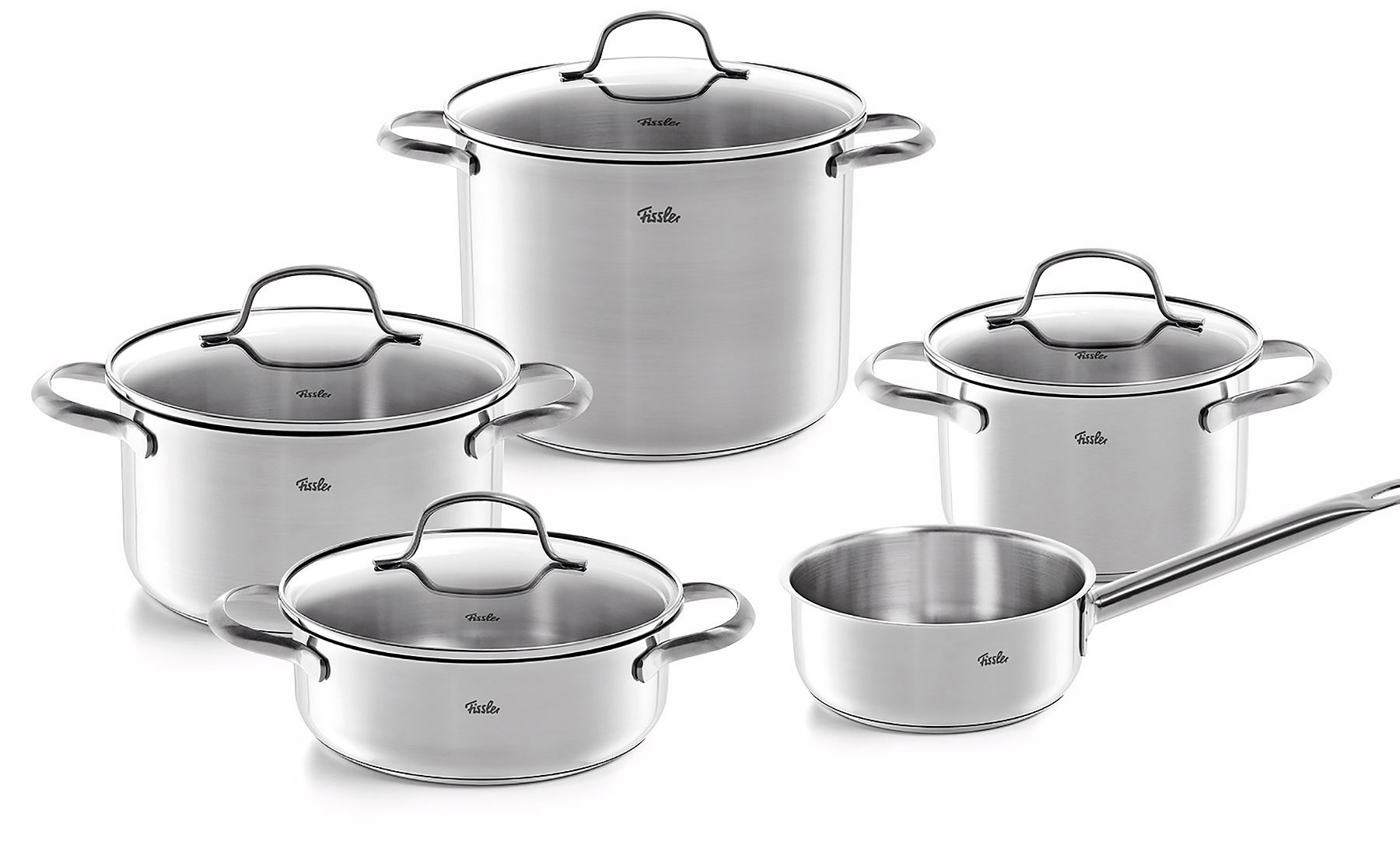 Fissler Topf-Set »San Francisco«, Edelstahl 18/10, (Set, 9 tlg., Bratentopf 20 cm, je 1 Kochtopf 16/20/24 cm, Stielkasserolle 16 cm), Geeignet für alle Herdarten, Induktion