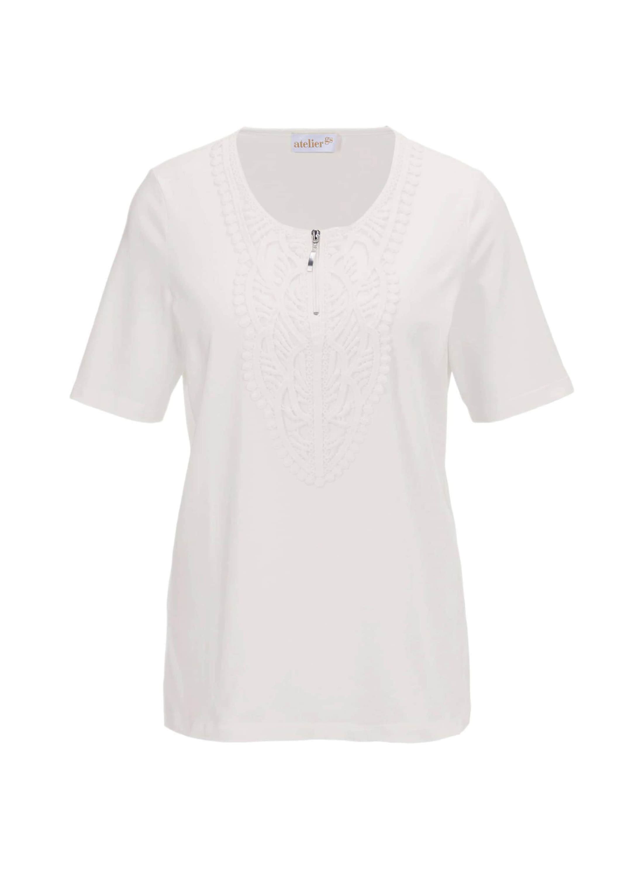 GOLDNER Kurzarmshirt "Kurzgröße Elegantes Jerseyshirt mit Rundhals" Effektvolle Häkelspitze