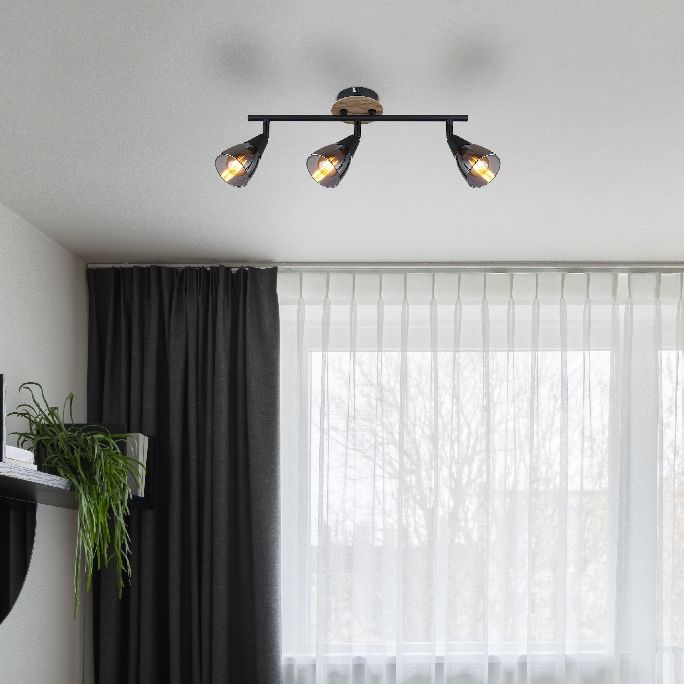 GLOBO LIGHTING Deckenstrahler »MUBBY«, Leuchtmittel E14 | ohne Leuchtmittel, Deckenspot/schwarz/Holz/Glas rauchfarben/Flur/Wohnzimmer