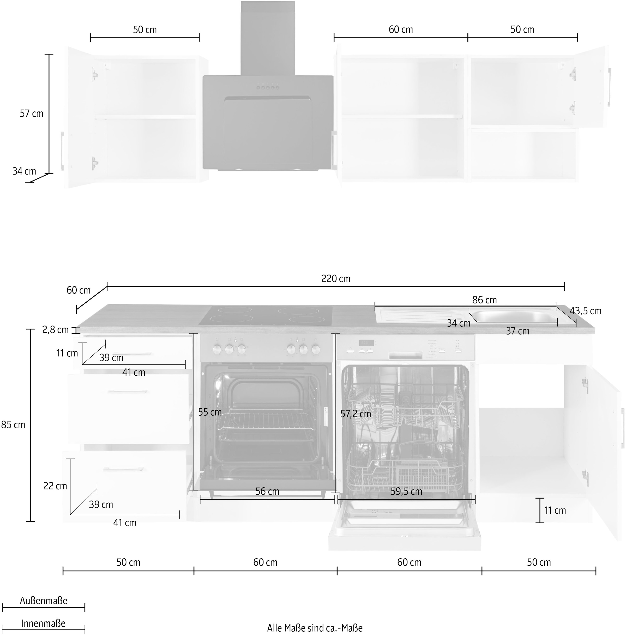 KOCHSTATION Küchenzeile »KS-Haiti«, ohne E-Geräte, Breite 220 cm