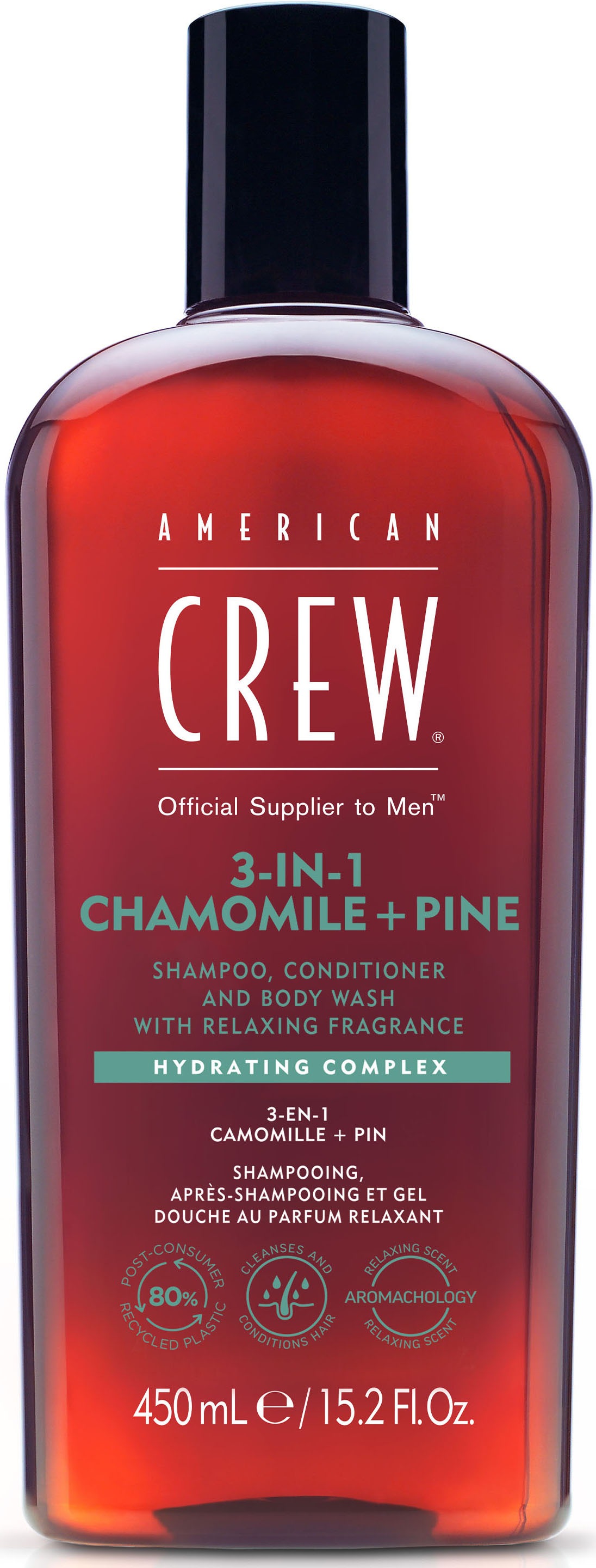 AMERICAN CREW Kinder Haarshampoo "3In1 Chamomile & Pine Shampoo, Conditioner & Body Wash 450 ml", 450ml, rot, Haarpflegemittel, Für Herren aller