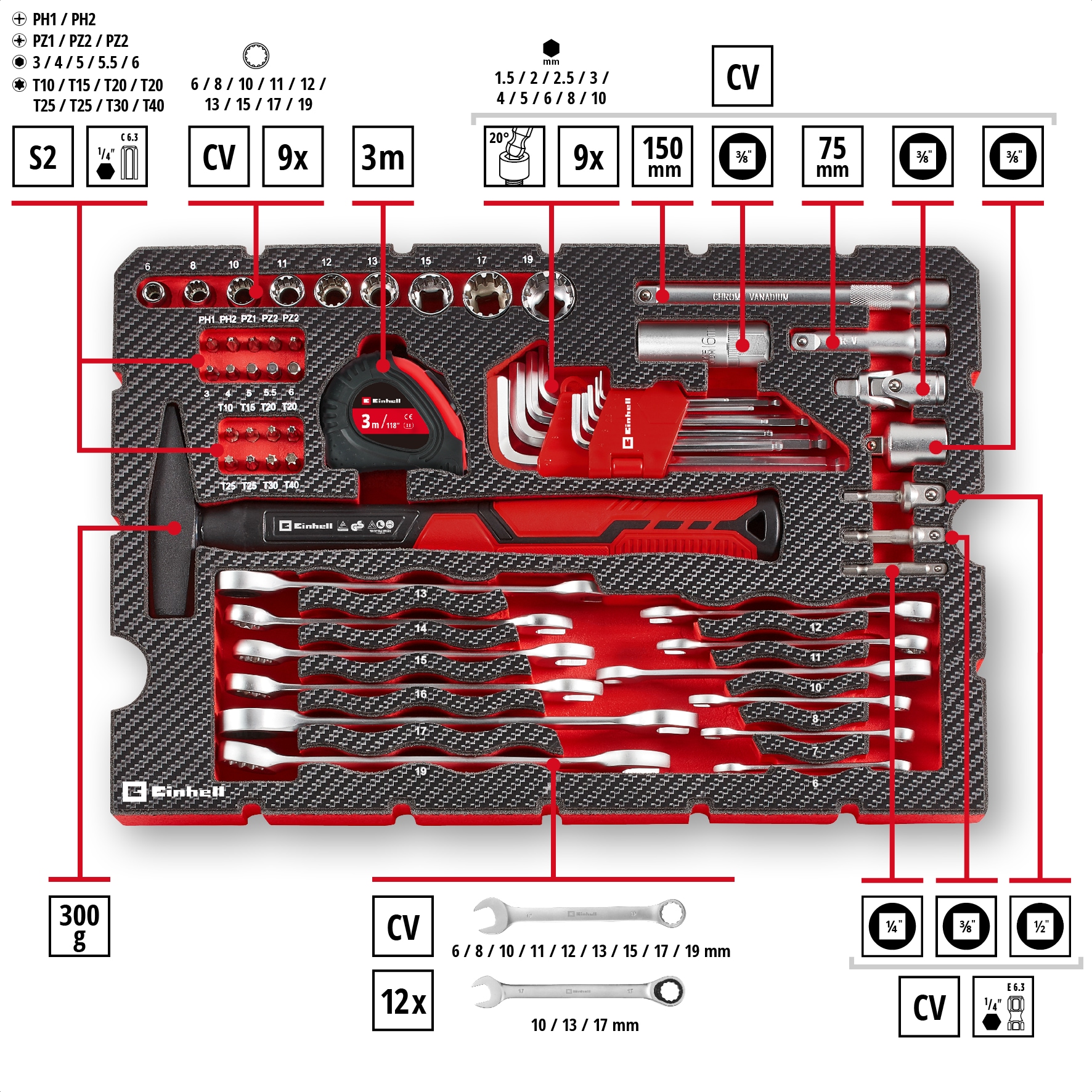 Einhell Werkzeugset »E-CASE«, (80 tlg.), Kompatibel mit dem Einhell E-Case System