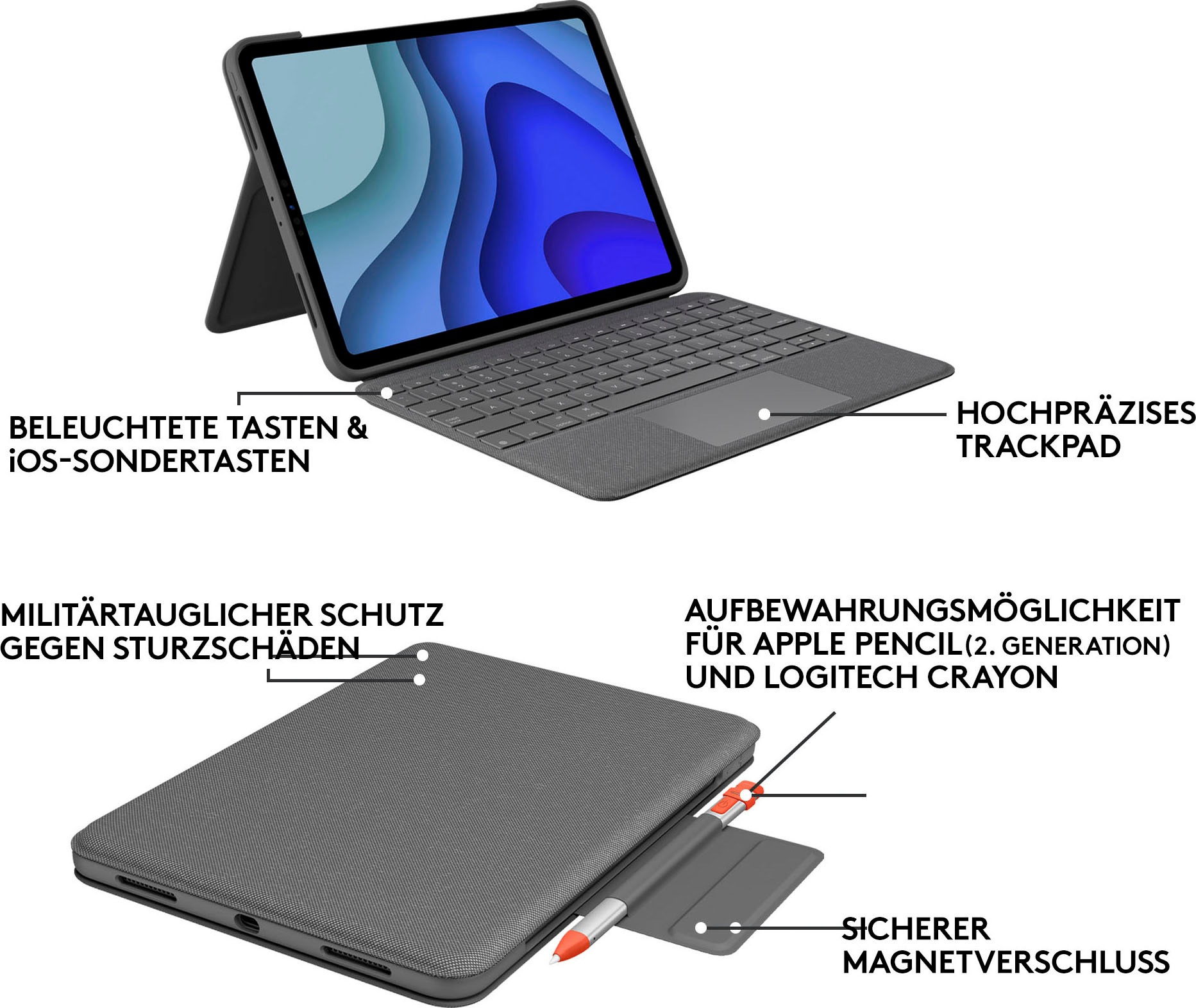 Logitech iPad-Tastatur »Folio Touch iPad Pro 11 Zoll Keyboard Case«, (Multimedia-Tasten)