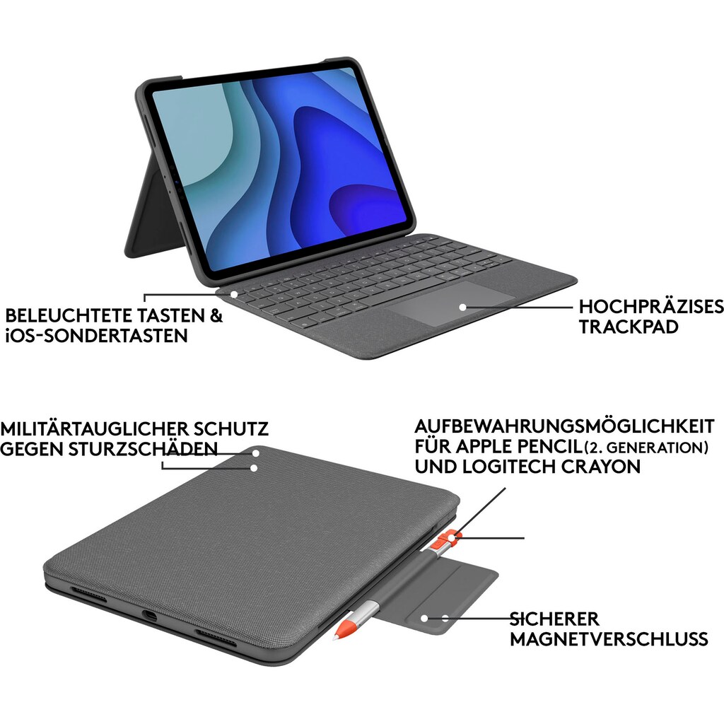 Logitech iPad-Tastatur »Folio Touch iPad Pro 11 Zoll Keyboard Case«, (Multimedia-Tasten)