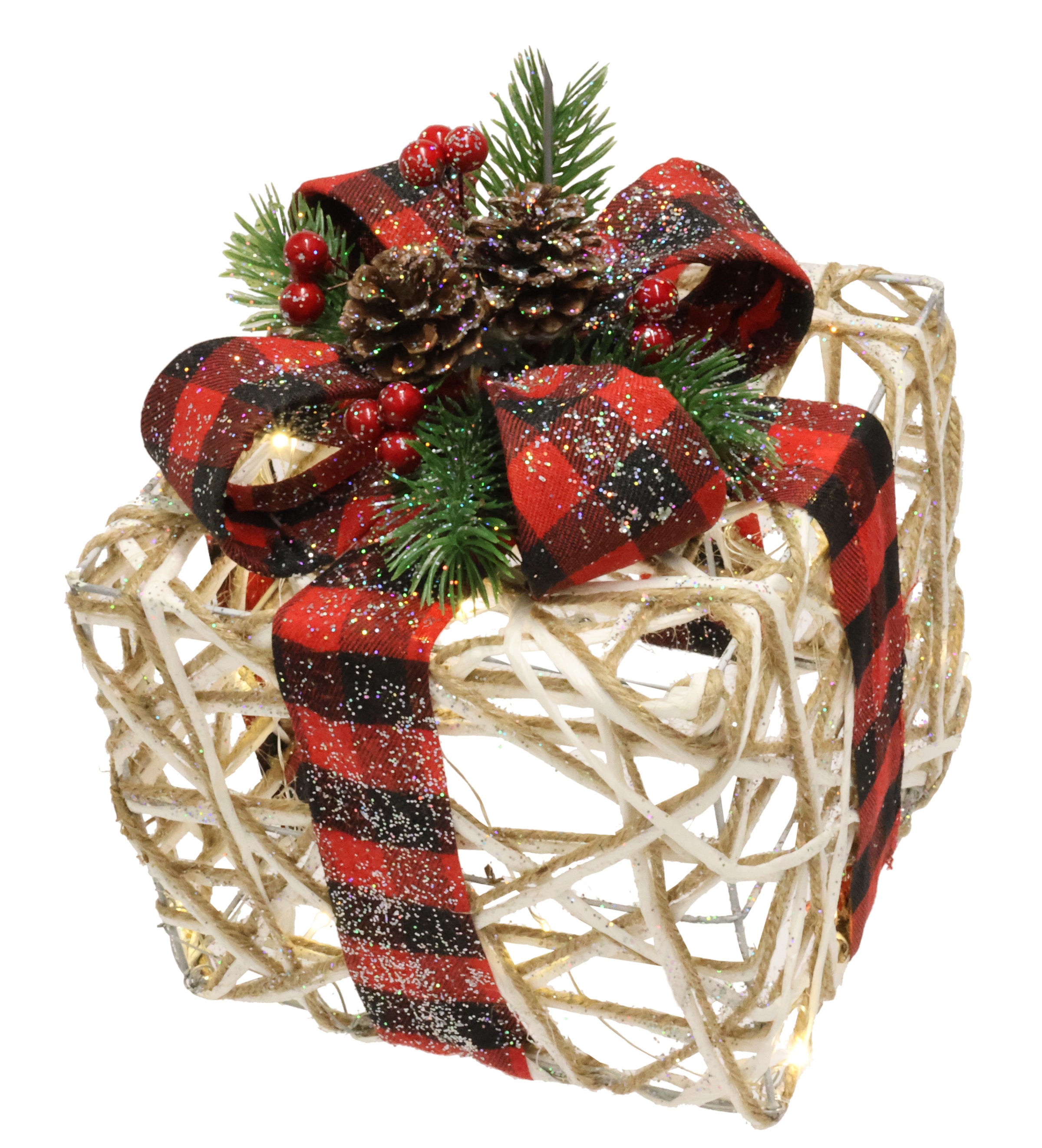 I.GE.A. Dekofigur "Weihnachtsfigur Leuchtfigur LED-Geschenk mit Schleife" Geschenkpaket Schleife Tanne Beeren Zapfen Weihnachtsdeko beleuchtet
