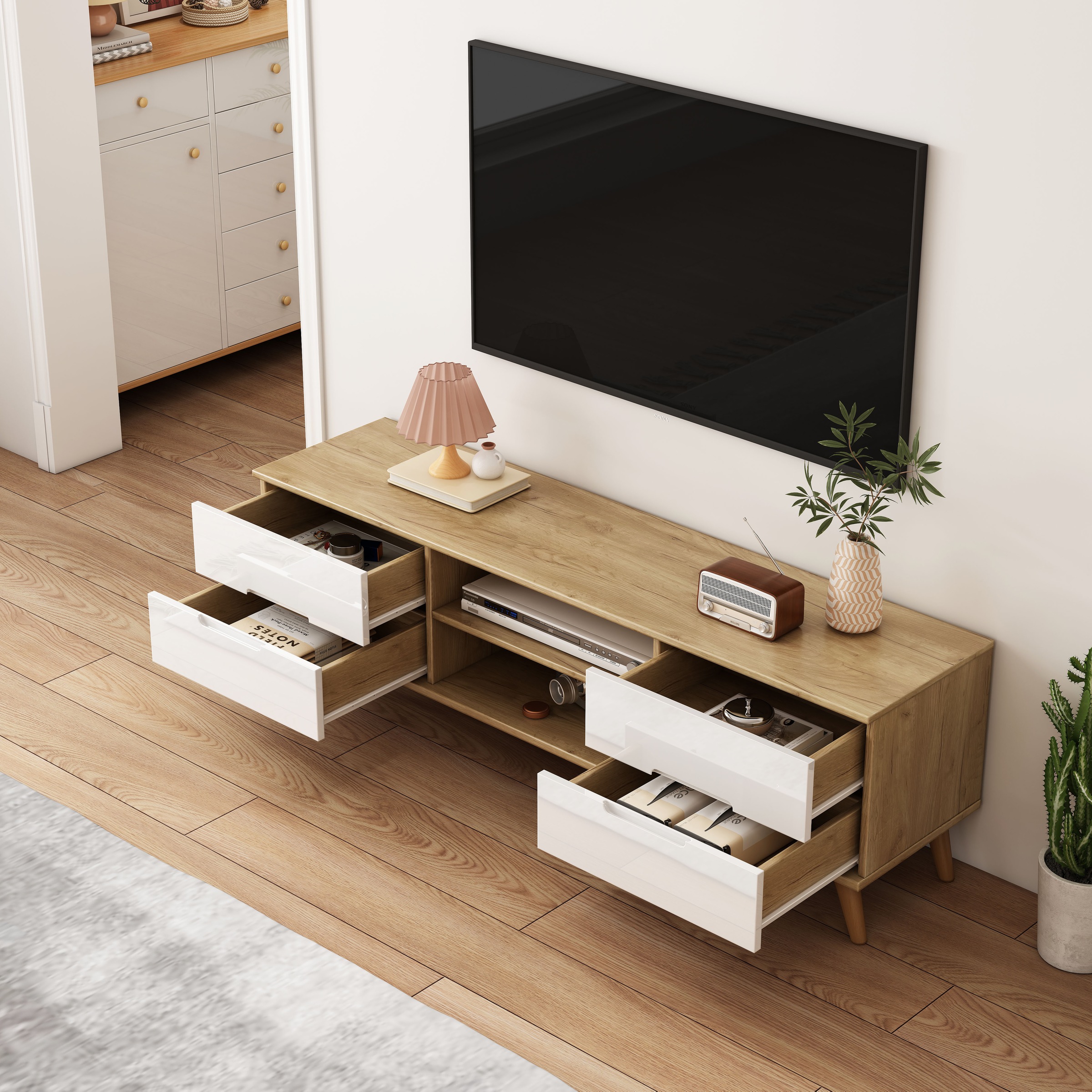 OTTO home TV-Board »Lund« glänzende Fronten, Kabeldurchführung, helles Holzdekor, Breite 160 cm