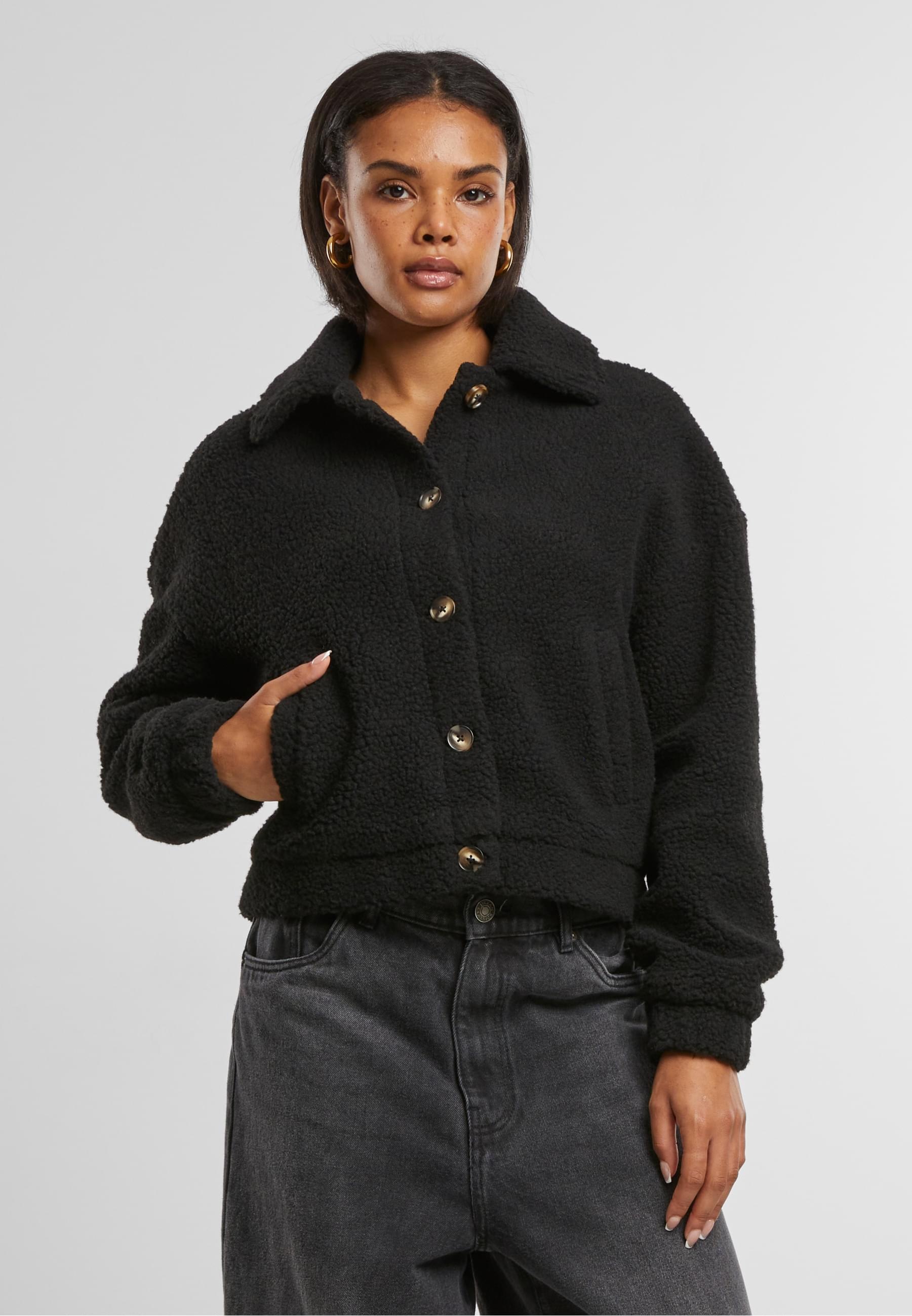 URBAN CLASSICS Allwetterjacke »Urban Classics Ladies Short Sherpa Button Jacket«, (1 St.), ohne Kapuze