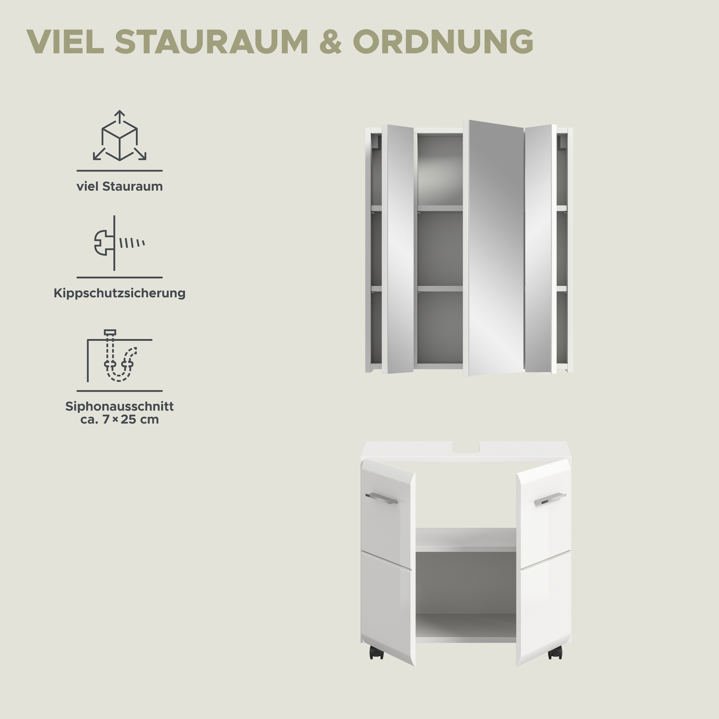 welltime Badmöbel-Set »FLORENZ, 2-tlg. Bad-Kombination, hochwertige MDF-Front« best. aus: 1 Spiegelschrank, 1 Waschbeckenunterschrank, 3 Stk. tlg.