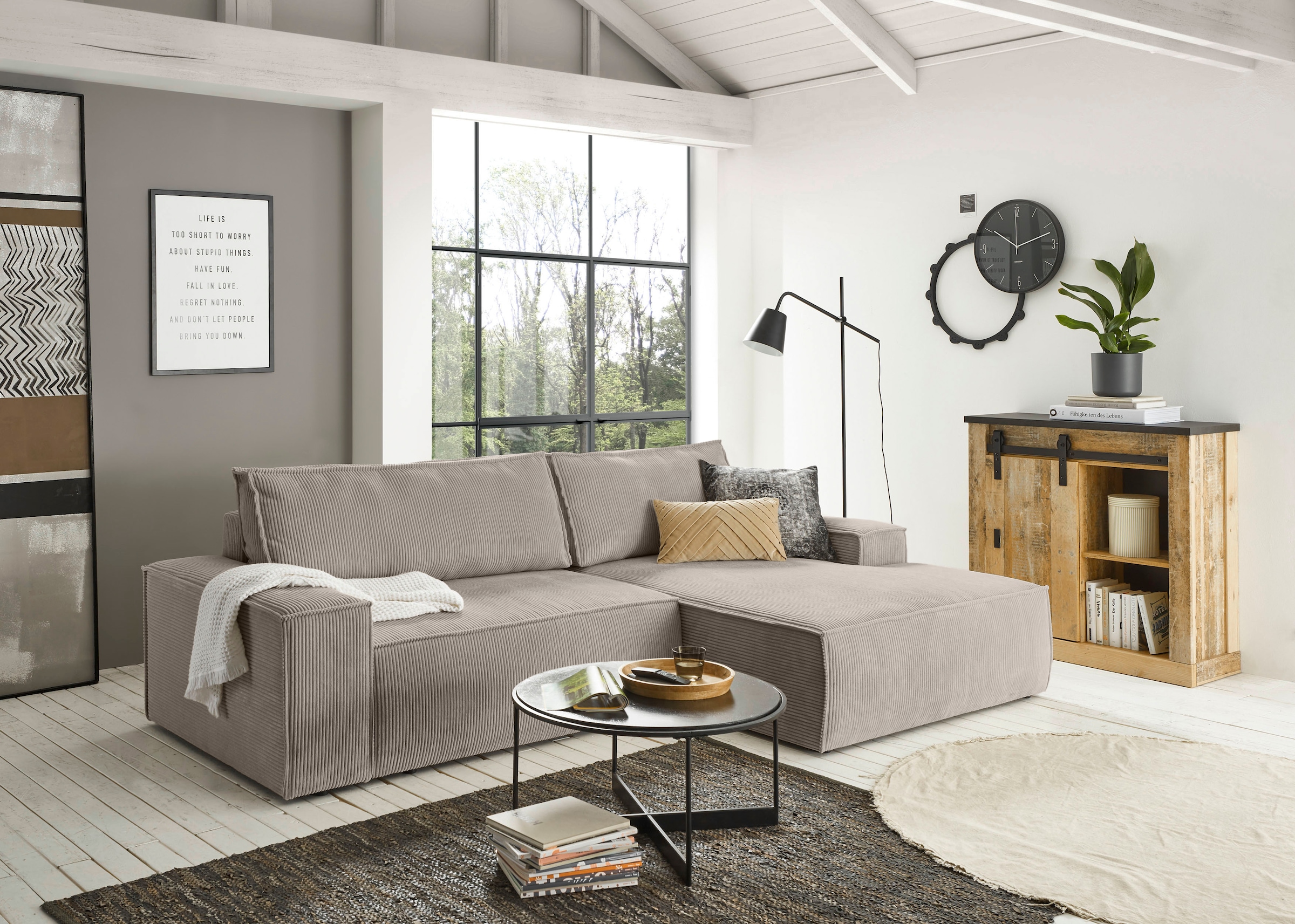 Home affaire Ecksofa »SHERWOOD Schlafsofa 267 cm, L-Form,« Schlaffunktion mit Bettkasten (210x136 cm), Cord, Vintage, Samtvelours