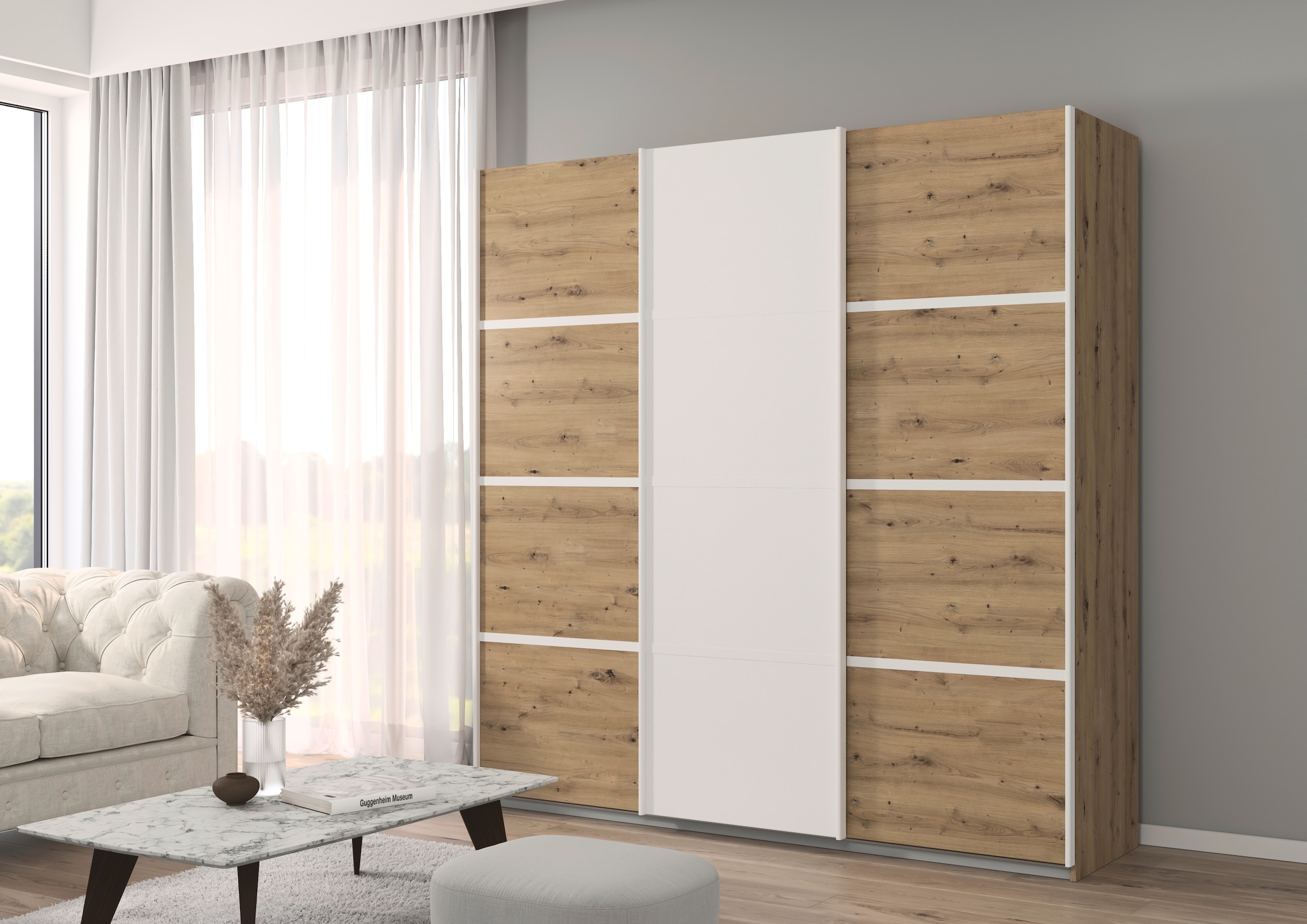 rauch Kleiderschrank »Schwebetürenschrank OTTO´s Choice Garderobe Schrank TOP ANGEBOT Avola« 3 verschiedene Ausstattungen BASIC/CLASSIC/PREMIUM (inkl. SOFT-CLOSE),  mit eleganten Zierleisten in Chrom, Schwarz oder Weiß MADE IN GERMANY