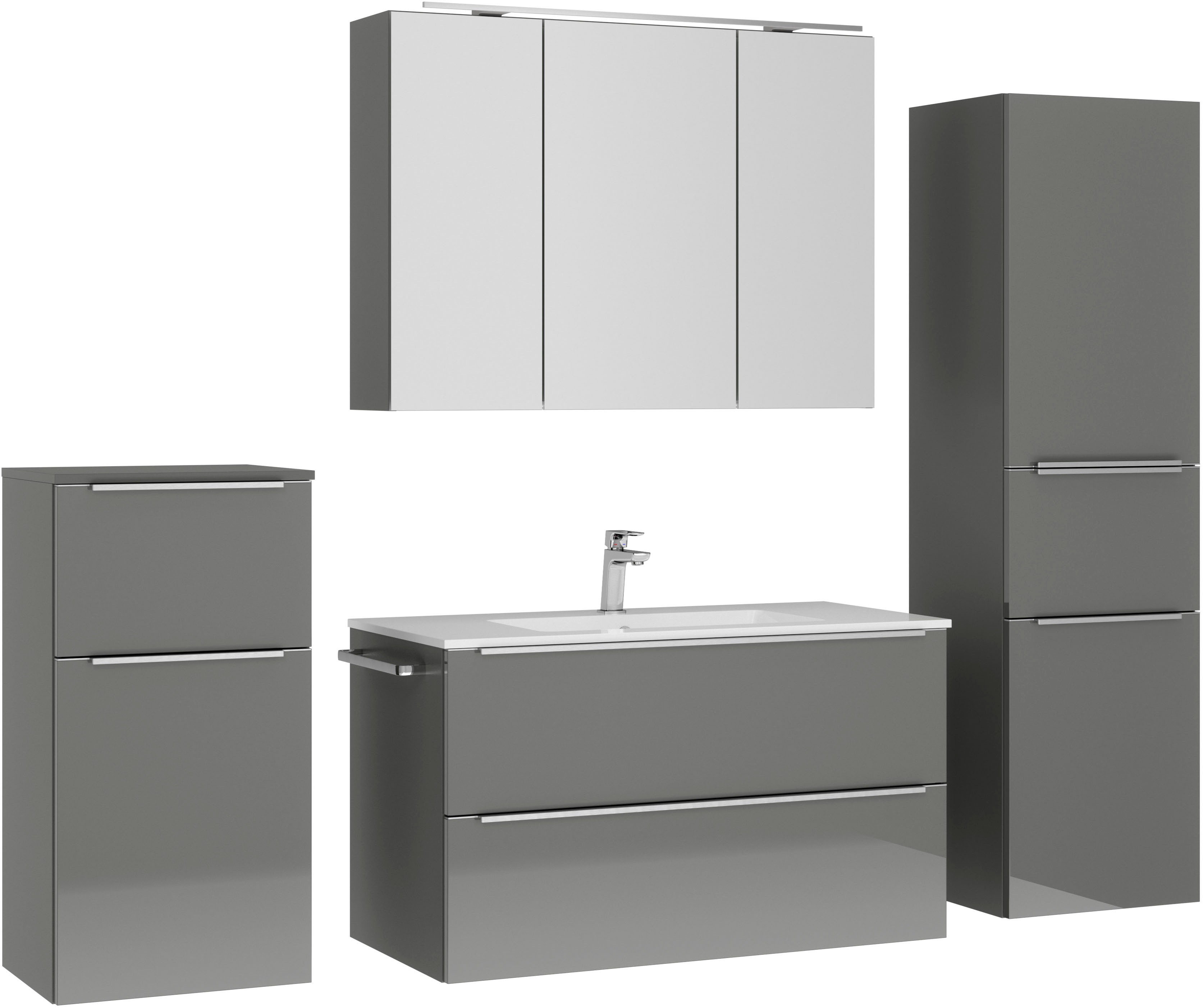 Badmöbel-Set NOBILIA, B:210cm H:169cm T:48,7cm, grau, Kastenmöbel-Sets, "Levere", inkl. Spiegelschrank mit Beleuchtung und Dimmerfunktion, in 4