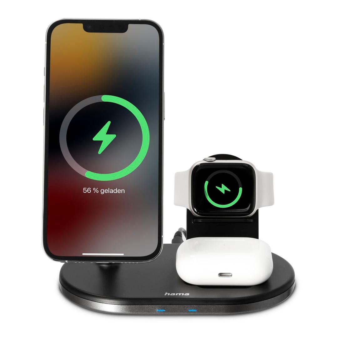 Hama Induktions-Ladegerät »3in1 Wireless Charger Ladestation für Apple iPhone AirPod Apple Watch«, mit Pad, Fast-Charge-Technologie, Apple iPhone 12, 13, 14, 15-Modelle