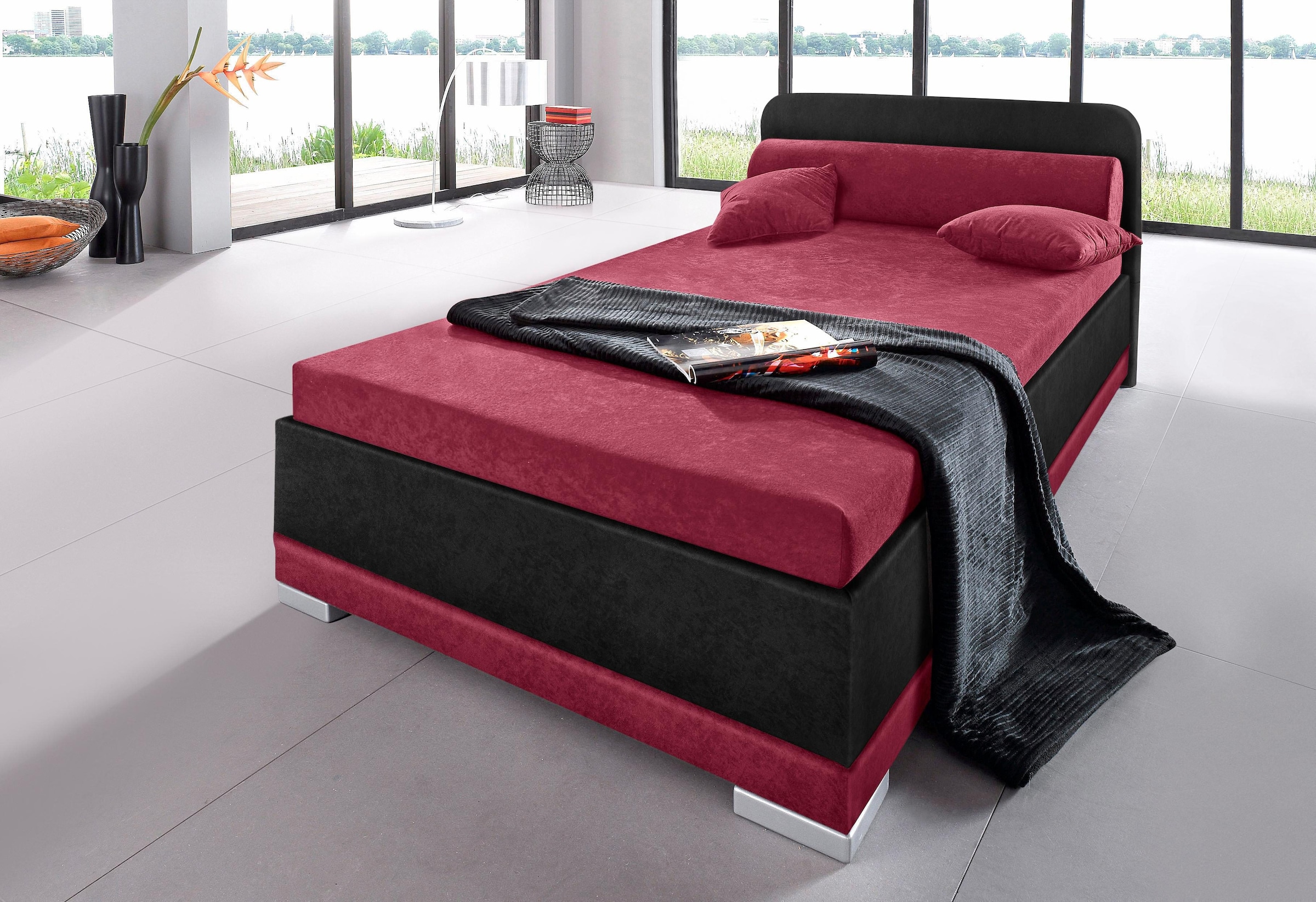 Polsterbett MAINTAL "wahlweise mit Matratze und praktischen Bettkasten", rot (bordeauxrot, schwarz), B:147cm H:91cm L:211cm, Bezug Bett: 100% Polyester;Bezug Matratze: 100% Polyester, Betten, Bett Polsterbett, in verschiedenen Größen und Farben erhältlich