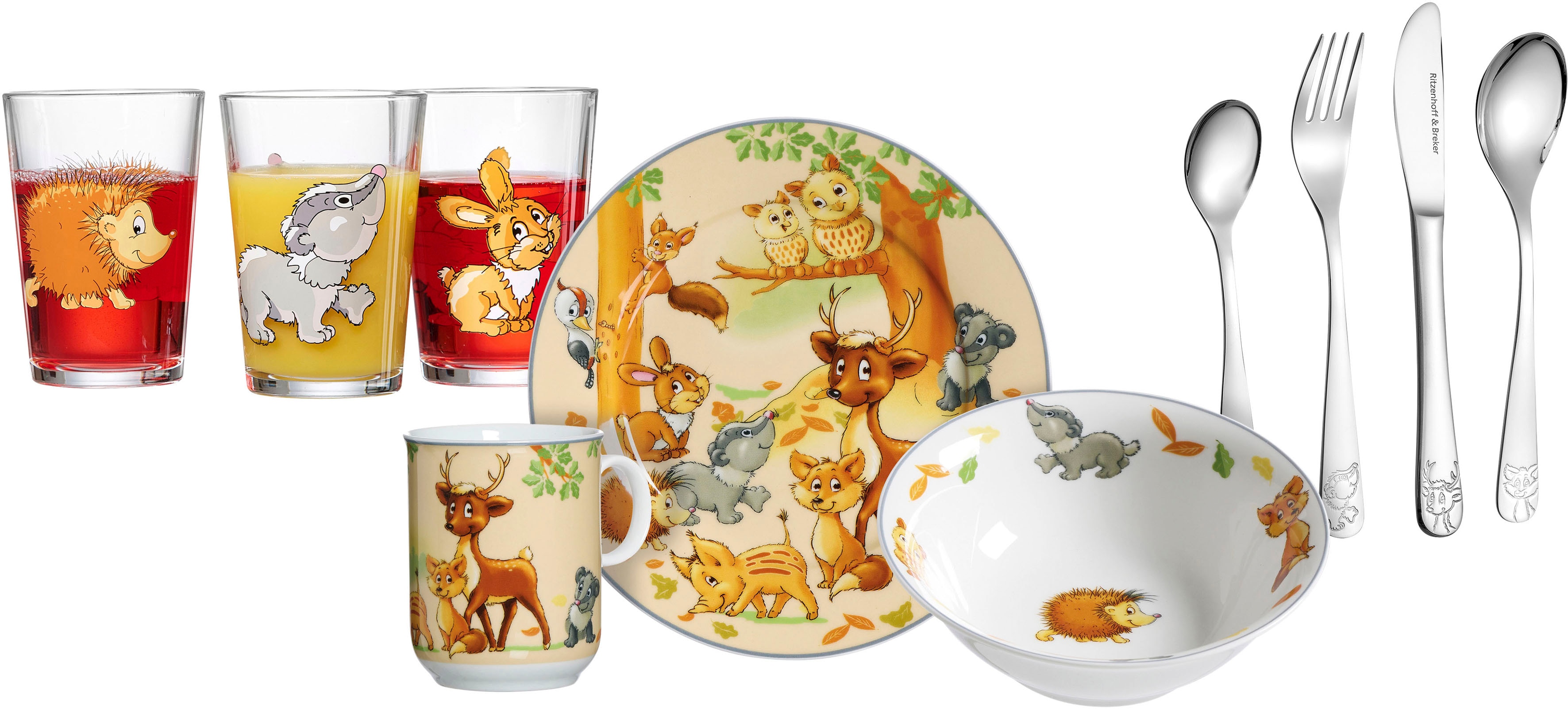 Kindergeschirr-Set "Waldtiere", 10 Stk., bunt, RITZENHOFF & BREKER, Geschirr-Sets, mit Besteck und Trinkgläsern
