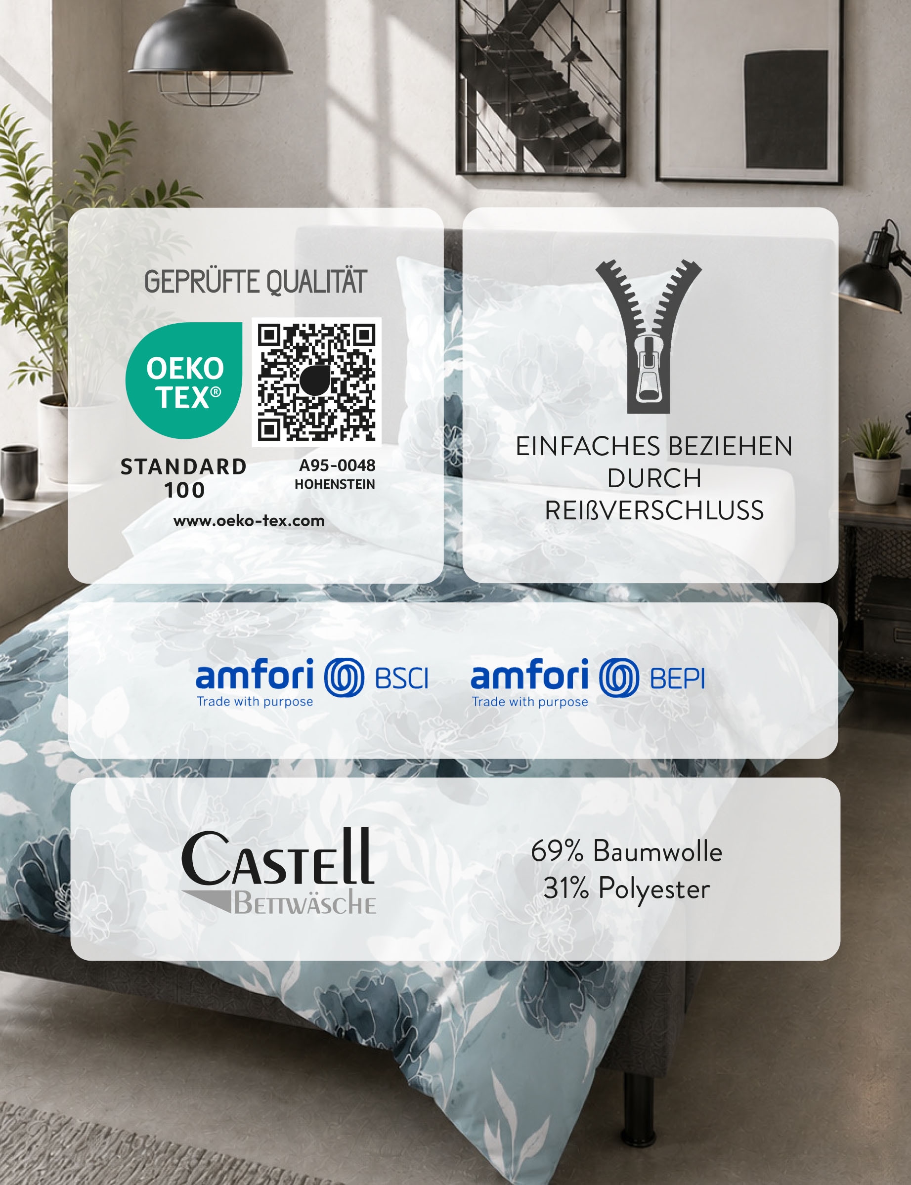 Castell - Markenbettwäsche Bettwäsche »0350385 Polycotton-Biber Bettwäsche 69% Baumwolle, 31% Polyester« 2 wärmend weich, Reißverschluss, Winterbettwäsche, geblümt