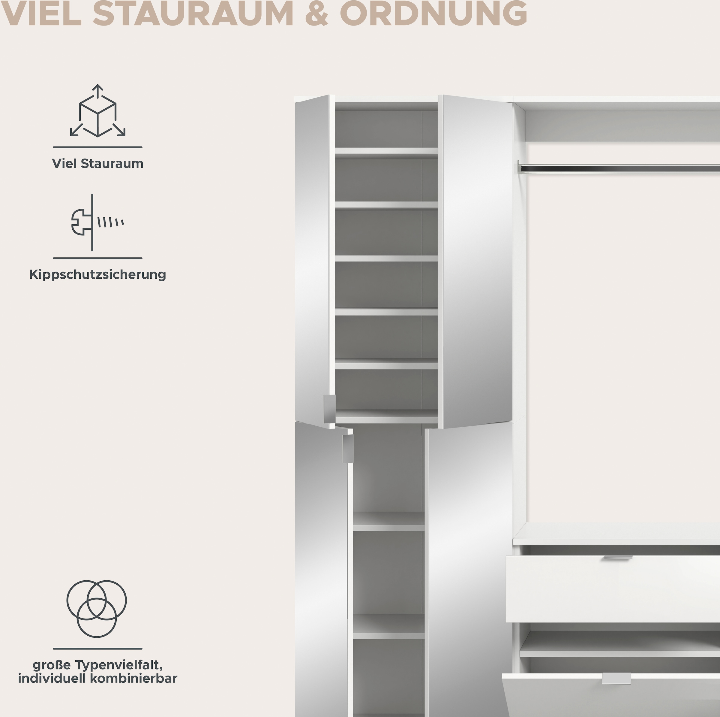 INOSIGN Garderoben-Set »Trondheim, Breite 183 cm, 5-teilig, bestehend aus:«, (Set, 4 St.), 2x Garderobenschrank, 1 Kommode, 1 Garderobenstange, 1 Ablageboden