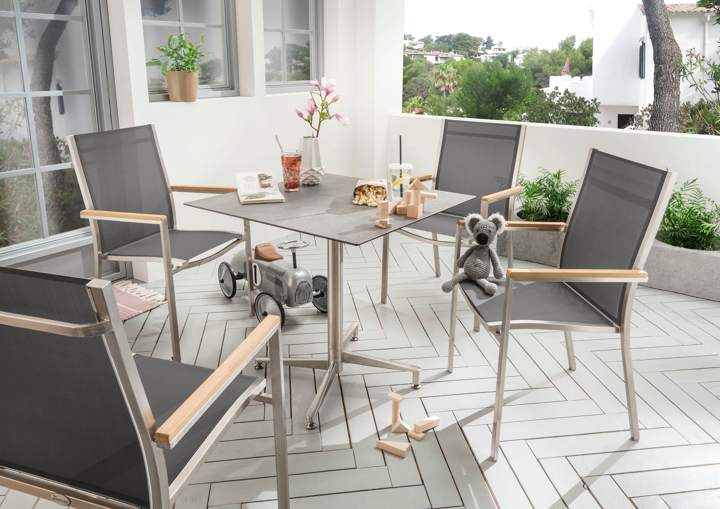 Destiny Garten-Essgruppe »MACAO LOFT«, (Set, 5 tlg.), Edelstahl, 4 Stapelsessel Textilene anthrazit, Tisch HPL Platte