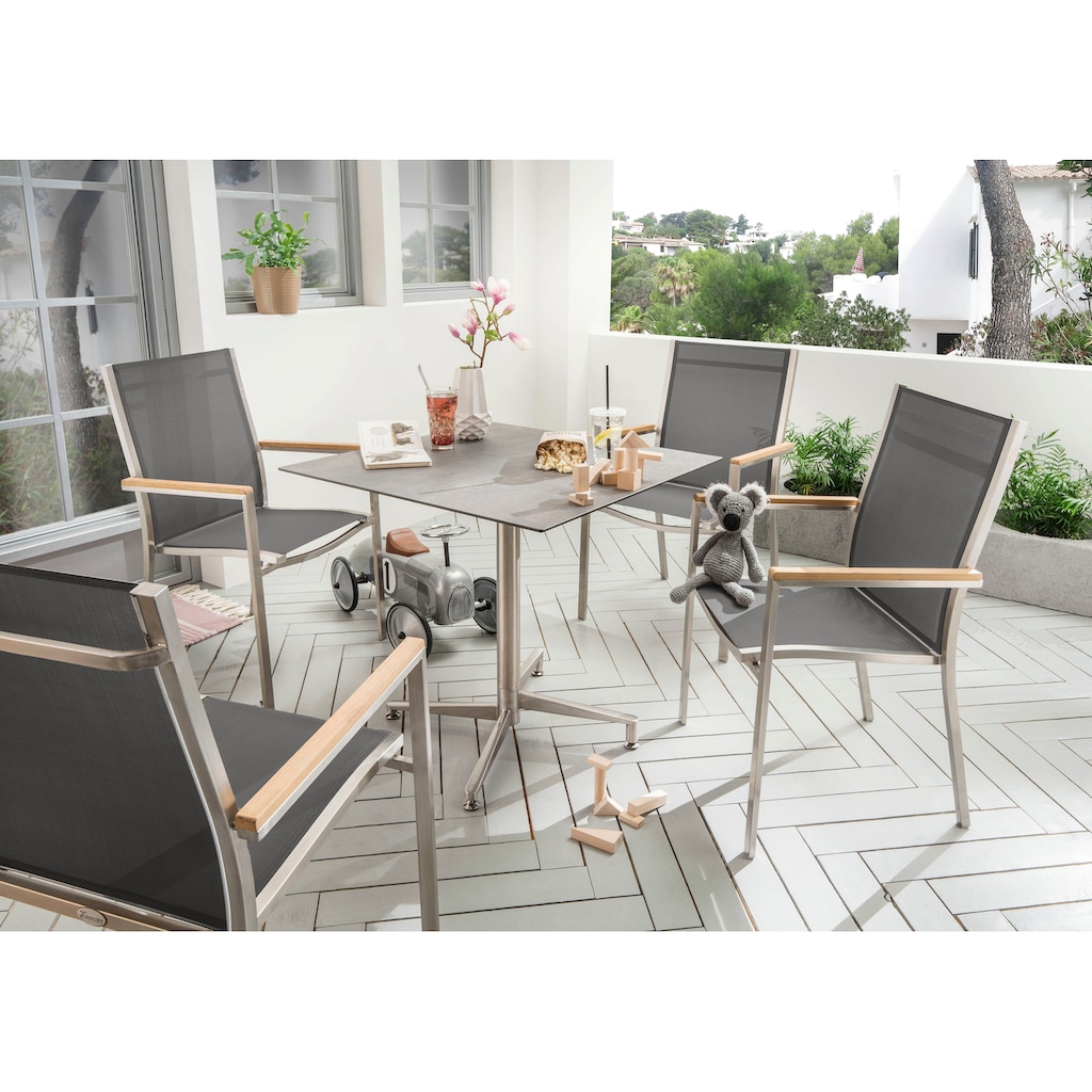 Destiny Garten-Essgruppe »MACAO LOFT«, (Set, 5 tlg.), Edelstahl, 4 Stapelsessel Textilene anthrazit, Tisch HPL Platte