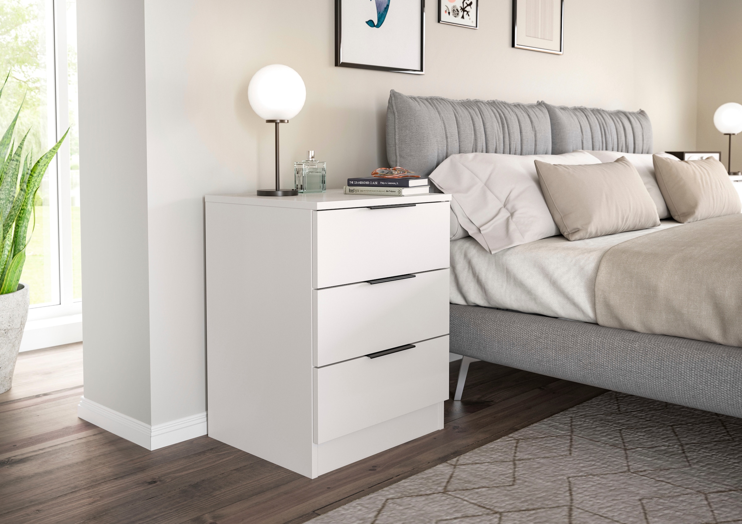 Home affaire Nachtkommode »Skarde 2 Nachttische, jeweils Breite: 45 cm«, (Set, 2 St., Sie bekommen 2 Nachttische im Set), Skarde, 2er Set Nachtkommode, 3 Schubkästen, weiß