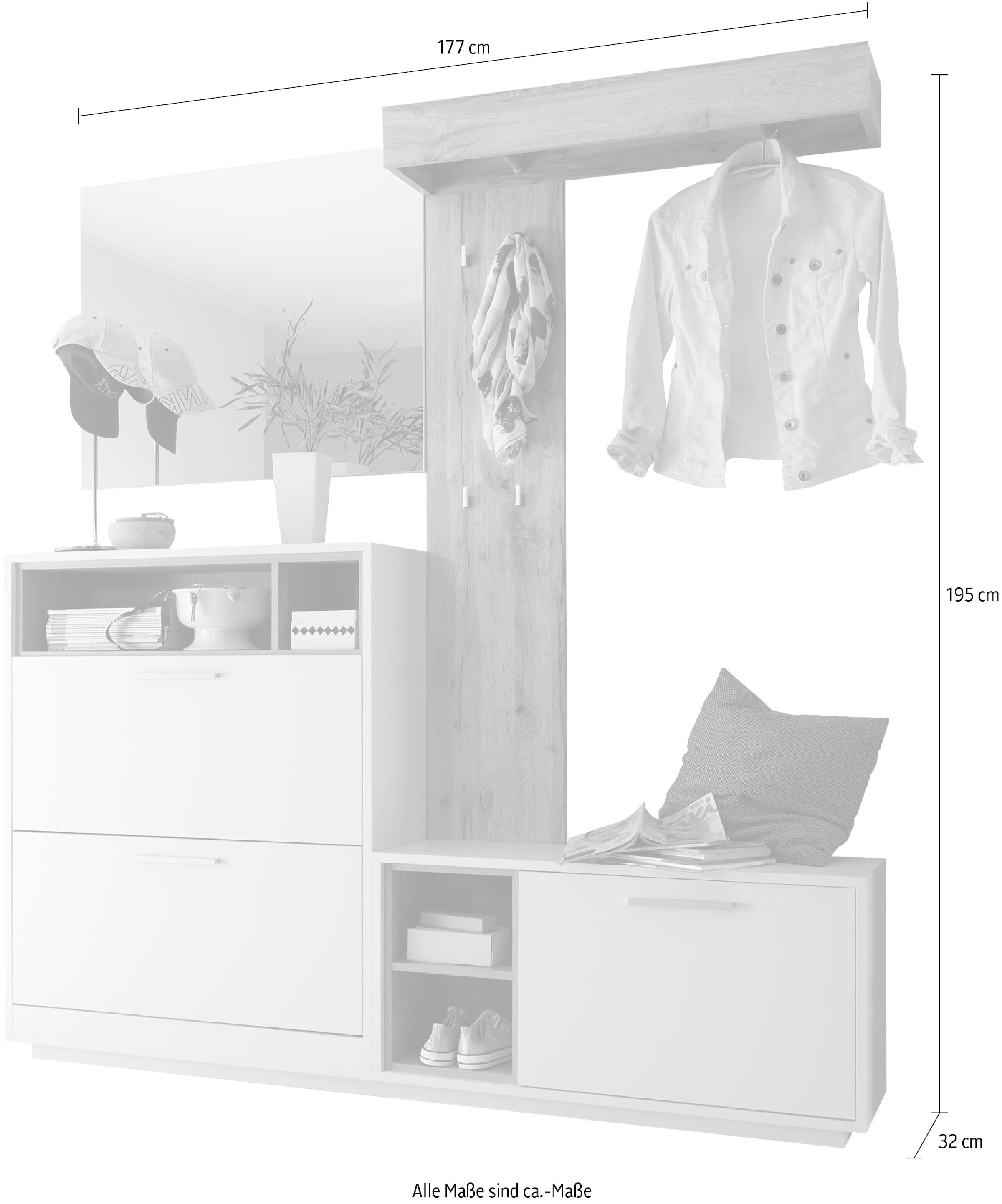 HBZ Kompaktgarderobe »Milano mit Spiegel, BxHxT 177x195x32 cm«, (1 St.), Mit Schuhkommode, Paneel, Bank und Spiegel