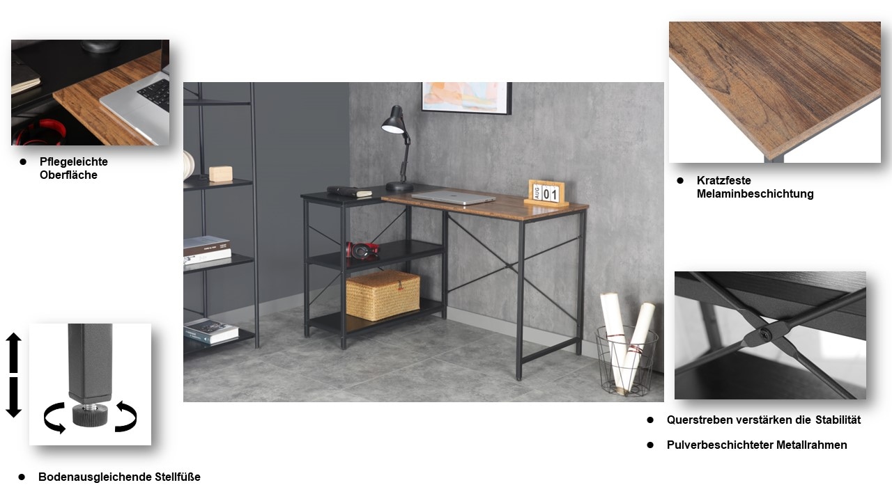 INOSIGN Eckschreibtisch »Skruva, Computertisch, Basteltisch«, Metallgestell, Eckregal, ABS-Kanten, Gesamtbreite 120 cm